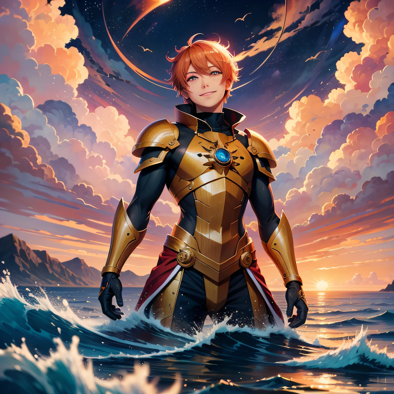 anime style, in the sky, over the sea, two eyes open, eyes detailed, in a sunset, smiling, masterpiece, 4k, detailed face, good anathomy, highlights, --auto --s2