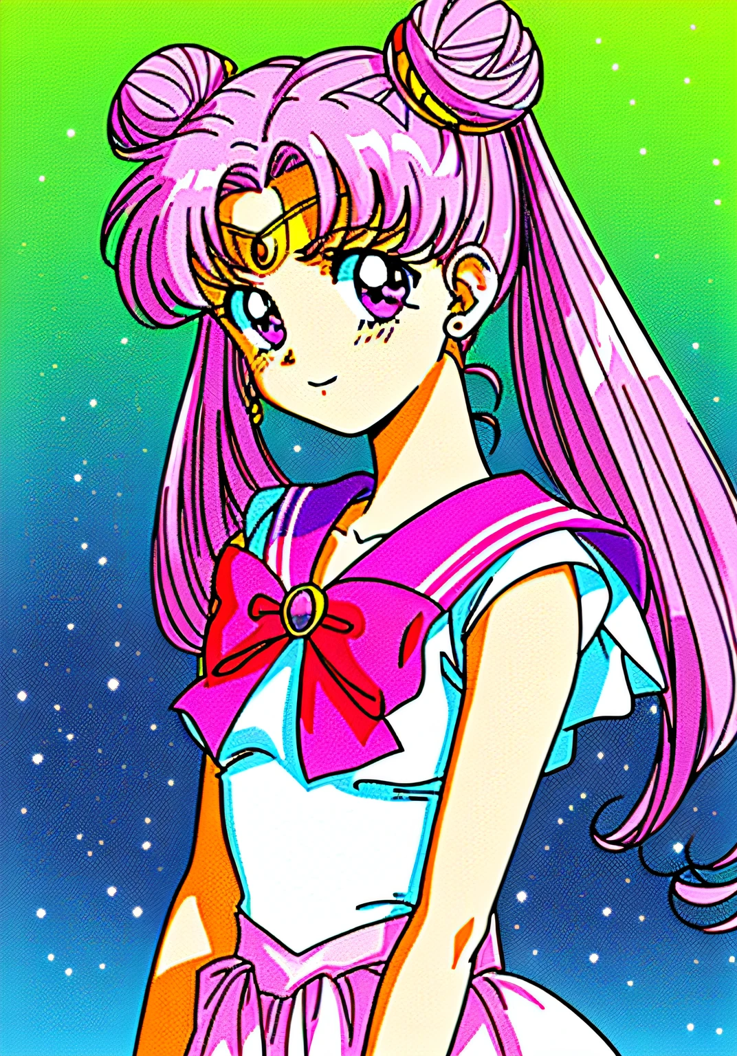 masterpiece, best quality, 1990s \(style\), 1980s \(style\), 1 girl, sailor moon, pink hair, bun, double bun, double tail, long hair, purple eyes, pink sailor collar, colored bow, upper body, tan, film grain,