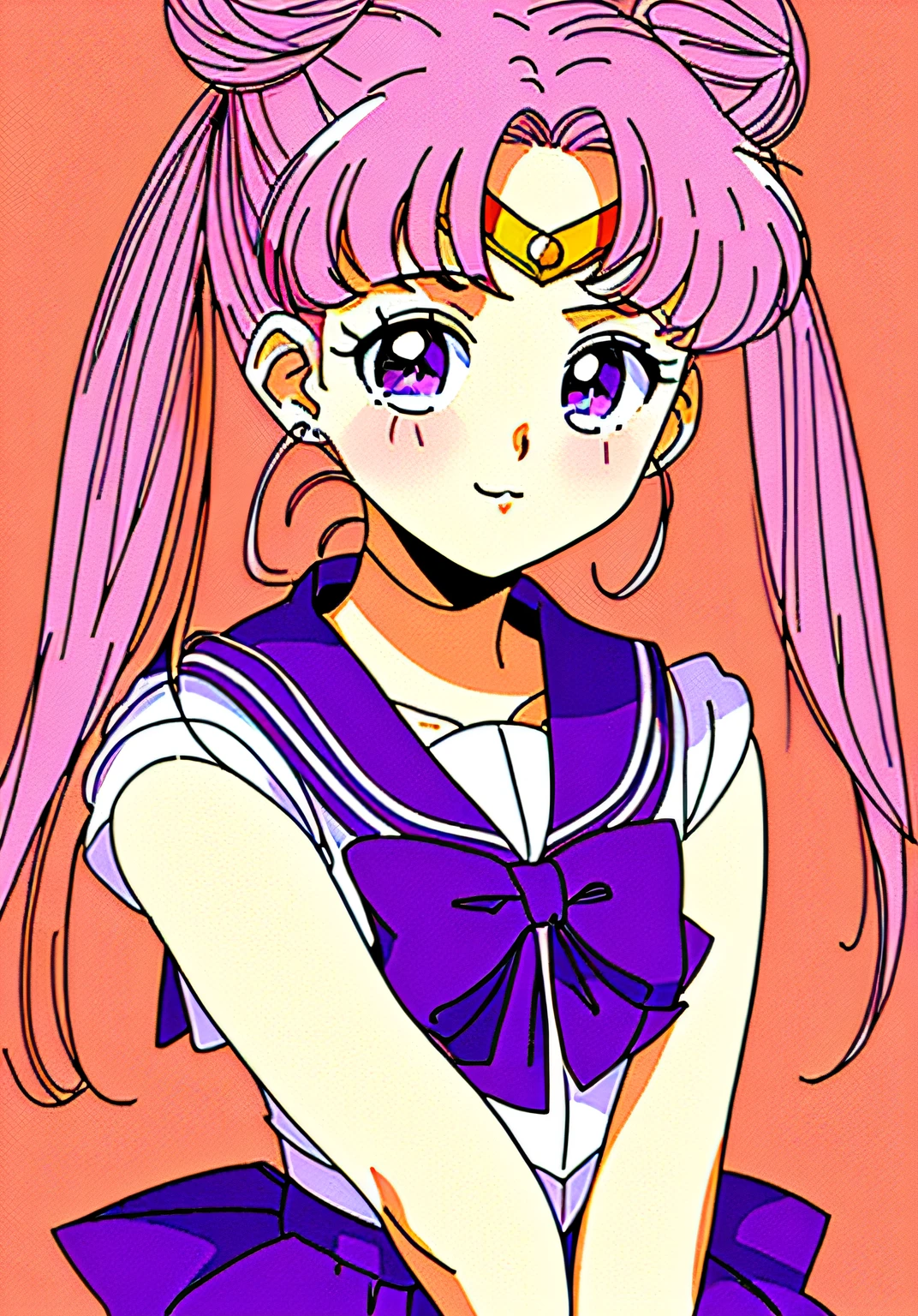 masterpiece, best quality, 1990s \(style\), 1980s \(style\), 1 girl, sailor moon, pink hair, bun, double bun, double tail, long hair, purple eyes, pink sailor collar, colored bow, upper body, tan, film grain,