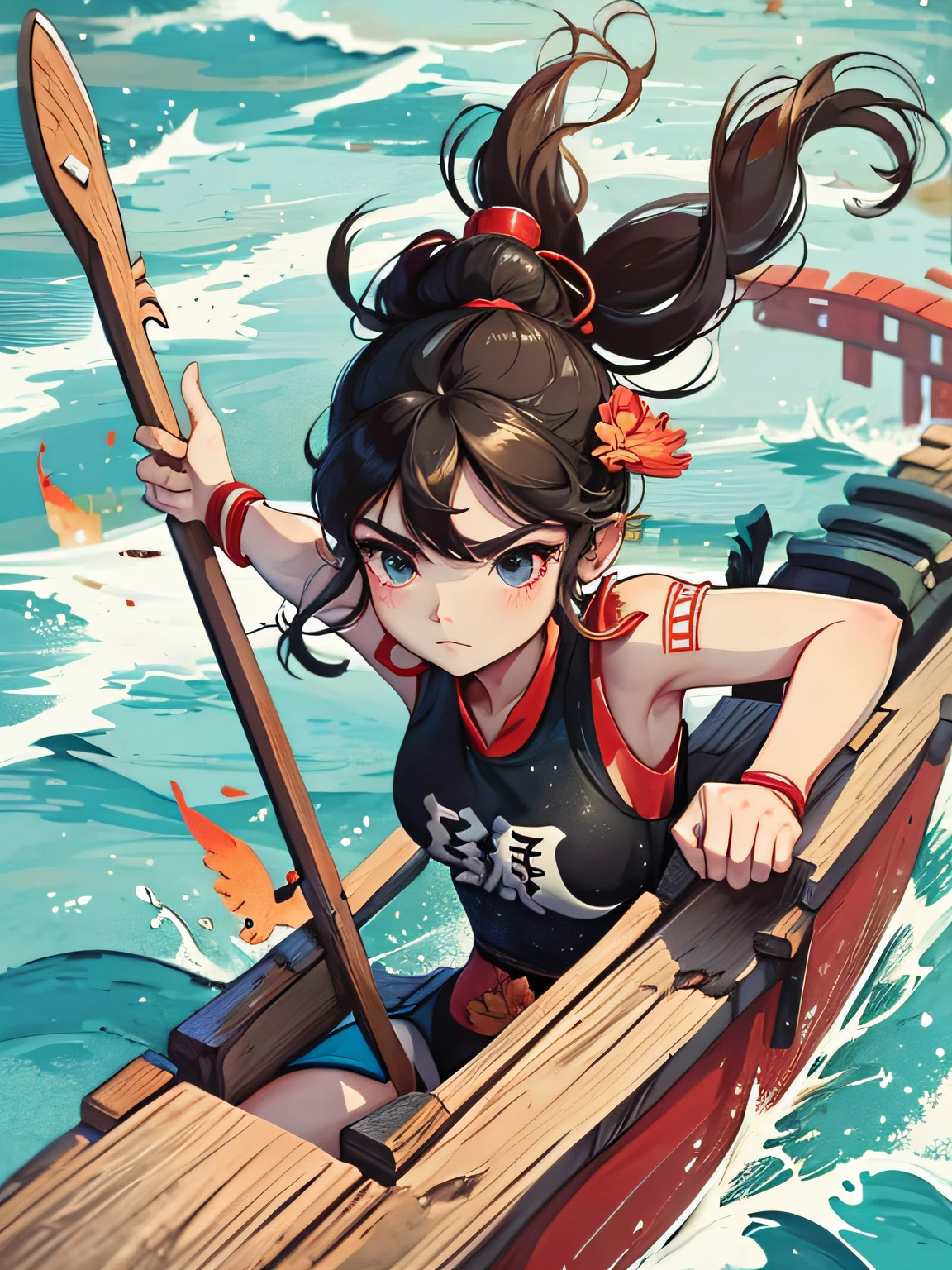 Teenager rowing dragon boat, facing the audience, upper body close-up, competition scene, Chinese style illustration --auto --s2