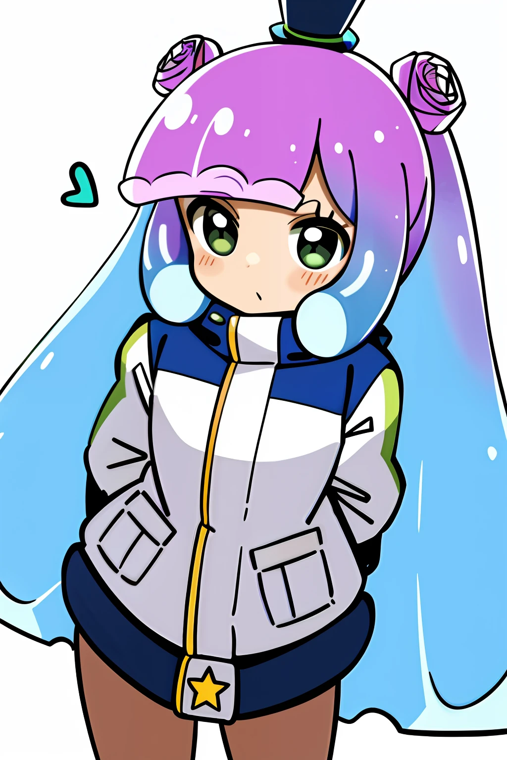 masterpiece, best_quality, 1girl, solo, puniru \(puniru wa kawaii slime\), puniru wa kawaii slime, gradient hair, bangs, green eyes, double bun, mini hat,