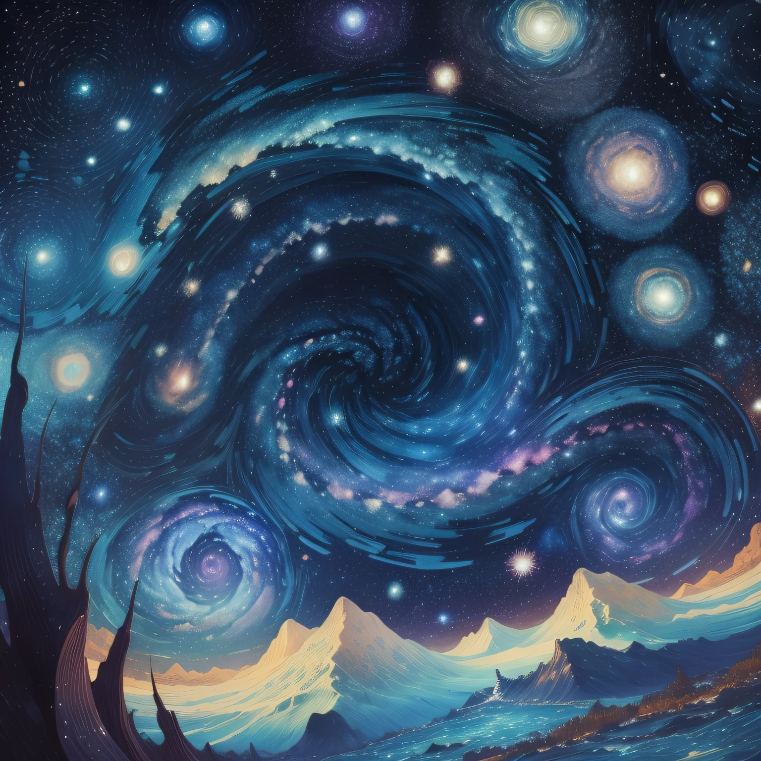 The starry sky under the van Gogh style, the brilliant and colorful starlight twinkles, the whole picture is mainly deep blue, nebulae and stars are intertwined with space, the atmosphere is romantic and dreamy, with a strong modern style.