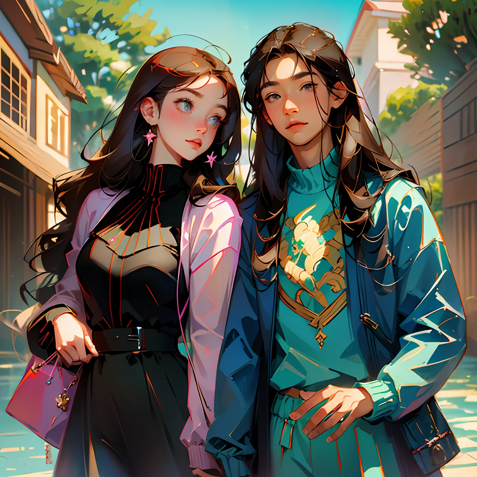 masterpiece, anime, cute, romantic, best quality, 2others, couple, mature, adult, height difference, different fashion, different color, casual clothes, long sleeves, smile, happy, love, swirling wind, blue sky, long haired man, light brown hair man, black haired woman, long haired woman, sakura background --auto --s2