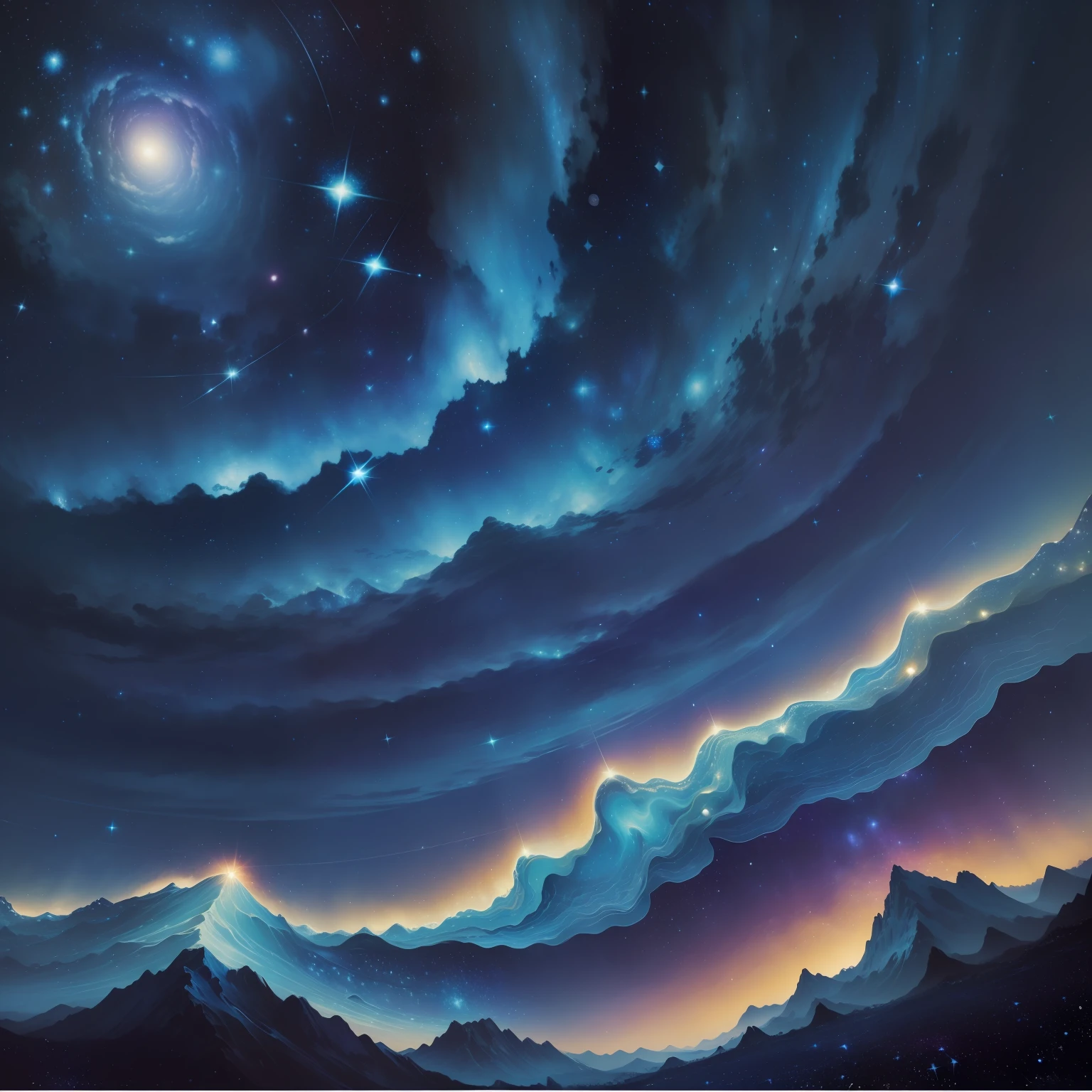 The starry sky under the van Gogh style, the brilliant and colorful starlight twinkles, the whole picture is mainly deep blue, nebulae and stars are intertwined with space, the atmosphere is romantic and dreamy, with a strong modern style.