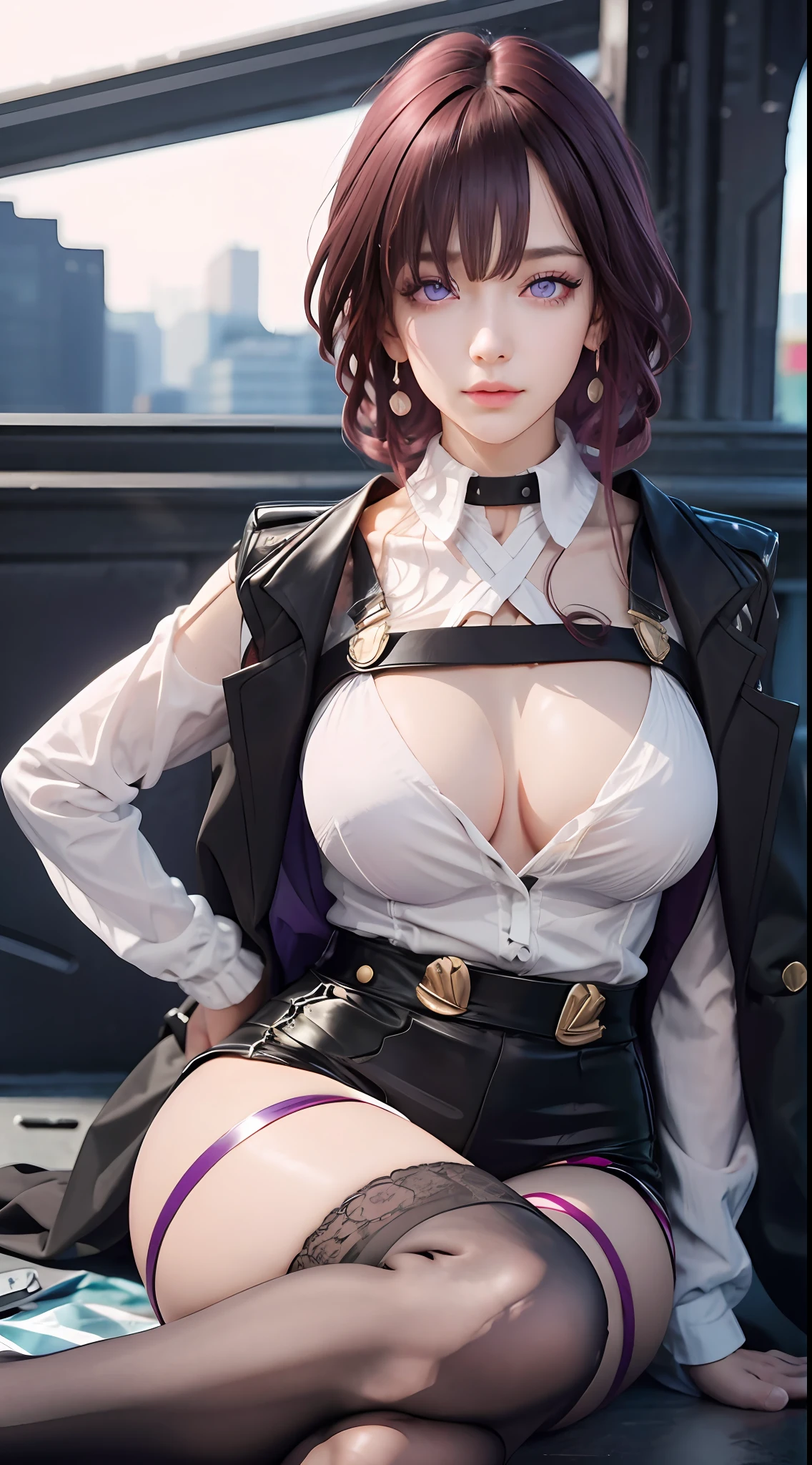 Split legs, sexy pose, NSFW, black stockings, exposed panties, no top, big breasts, masterpiece level, highest quality assurance, highlighting the image of 1 girl, official style, fantastic purple eyes and hair, elastic skin, moderate medium lens, looking directly at the audience, bright and dark picture and vignetting effect, detailed and charming eyes (pureerosface_ v1:0.5), extremely provocative action, intense star track background, bustling cross-legged, arrogant bangs, horror apocalyptic background, the same color of left and right eyes, holding a gun in hand