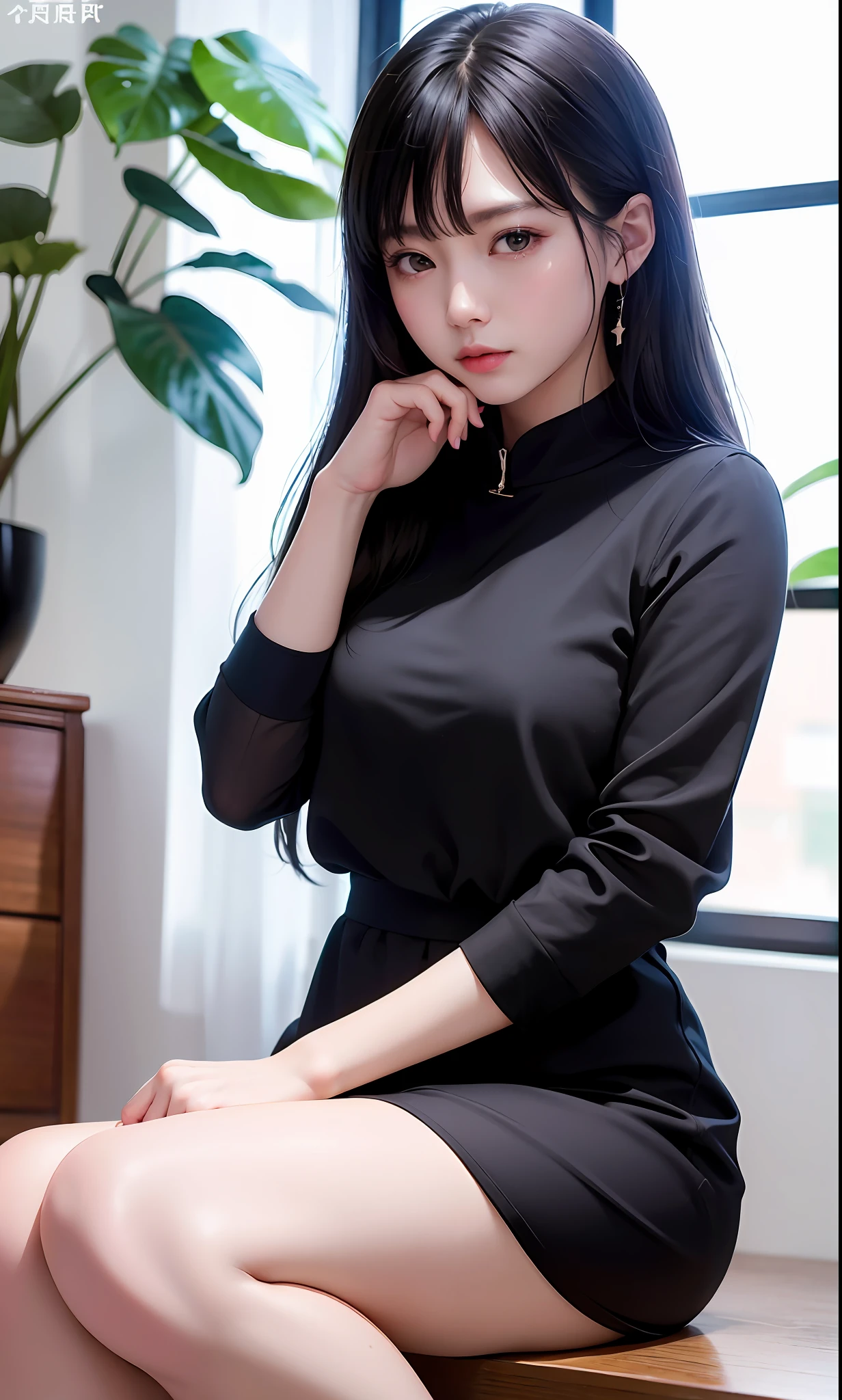 (8k, RAW photo, photorealistic:1.25) ,( lipgloss, 睫毛, gloss-face, glossy skin, best quality, ultra highres, depth of field, chromatic aberration, caustics, Broad lighting, natural shading, Kpop idol) 看着观众宁静女神般的幸福,高中教室,水手服,迷你裙,全身像
