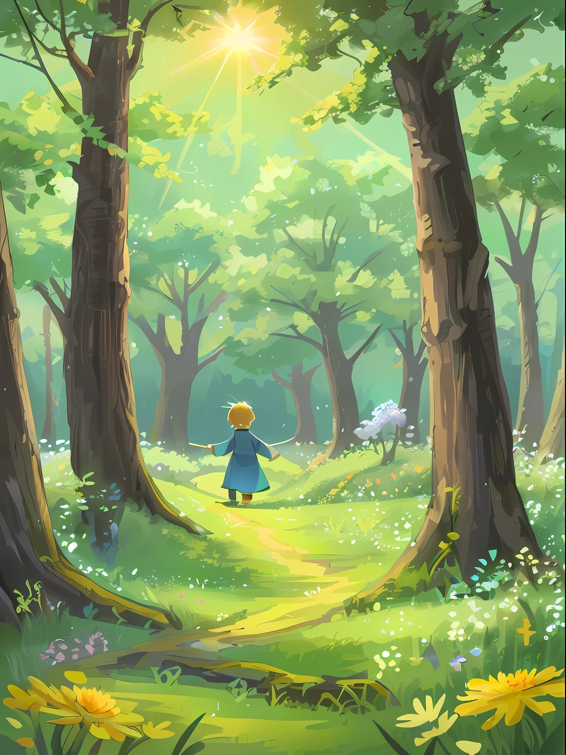 During the first solar term of spring, the earth begins to awaken and the grass and trees begin to sprout. The sun is shining, the grass is green on the grassland, the flowers are slowly blooming due to the sunlight, noise illustration, Chinese elements, with good particle texture, high detail, super detail, super resolution