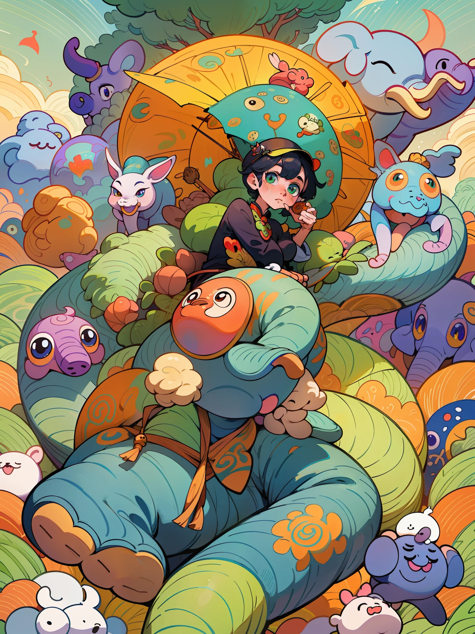 There are many different animal motifs in this photo, elephant, crocodile, rabbit and other animal patterns, cute, hand drawn illustration, colorful, Wang Chen, crocodile Loki, art cover, ƒ5.6,🦩🪐🐞👩🏻🦳; 🌞🌄 , code, 🪔 🎨 metaverse
