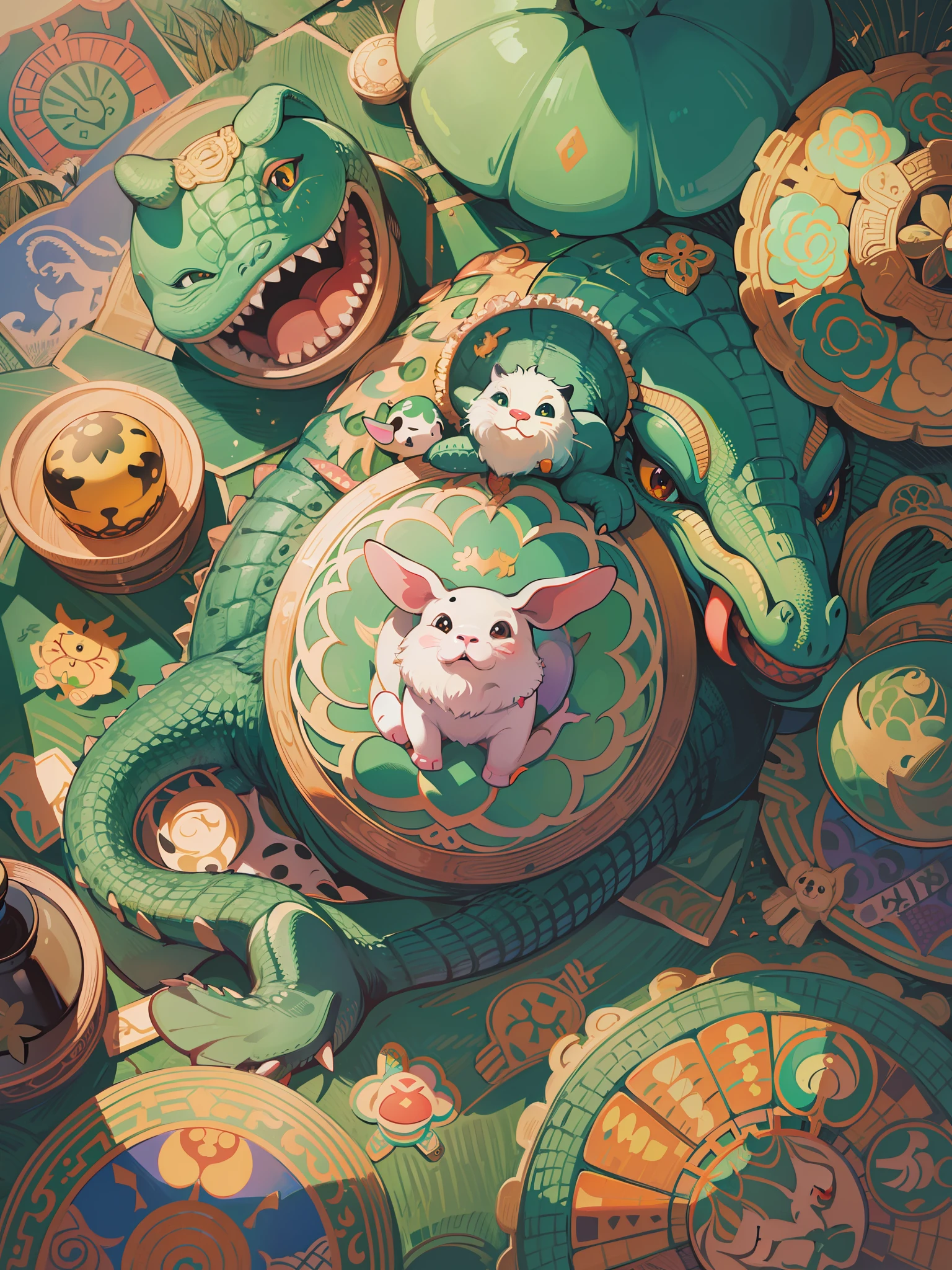 There are many different animal motifs in this photo, elephant, crocodile, rabbit and other animal patterns, cute, hand drawn illustration, colorful, Wang Chen, crocodile Loki, art cover, ƒ5.6,🦩🪐🐞👩🏻🦳; 🌞🌄 , code, 🪔 🎨 metaverse