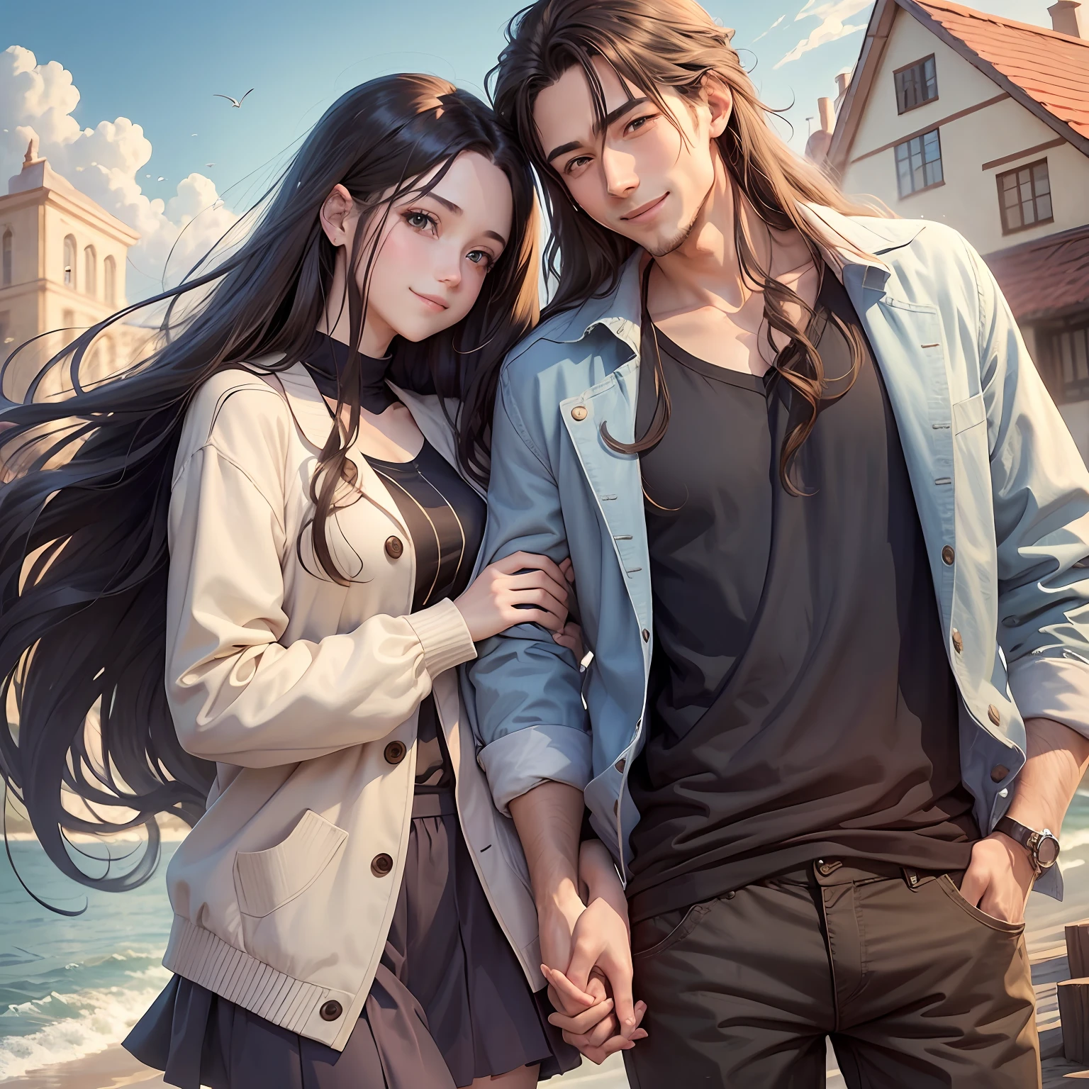 masterpiece, anime, cute, romantic, best quality, 2others, couple, mature, adult, height difference, different fashion, different color, casual clothes, long sleeves, smile, happy, love, swirling wind, blue sky, man with long hair, man with light brown hair, woman with black hair, woman with long hair, dawn --auto --s2