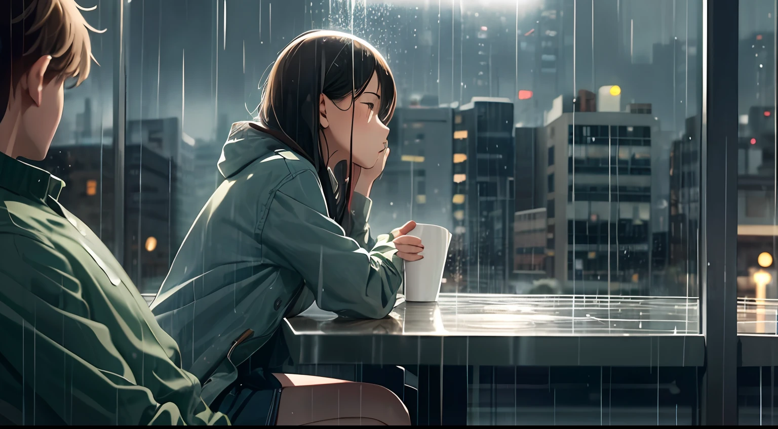 You're sitting in a cozy café in a rainy town, watching the raindrops trickling down the windows and listening to the relaxing sound of rain falling. Suddenly, you notice a stranger sitting next to you, who begins to share stories about his life as the mood outside only gets more intense. What does this person have to say and how do you react to it? --auto --s2