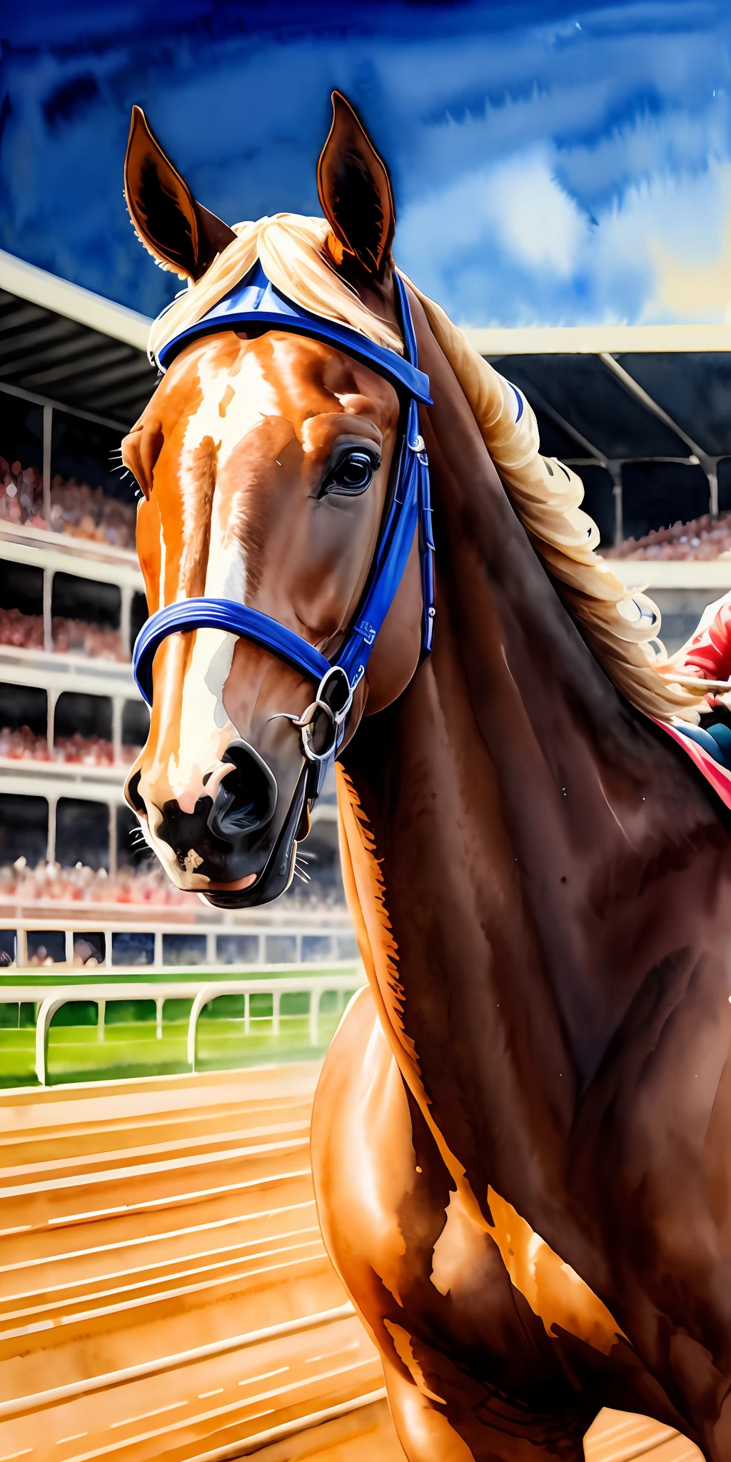 racetrack, horse racing, epic angle, sport horses, competitions, frontal, smiling, masterpiece, beautiful, ((watercolor)), face painting, paint splashes, intricate details. Very detailed, detailed eyes, [drip: 0.5], popular on artstation, Rachel Walker.