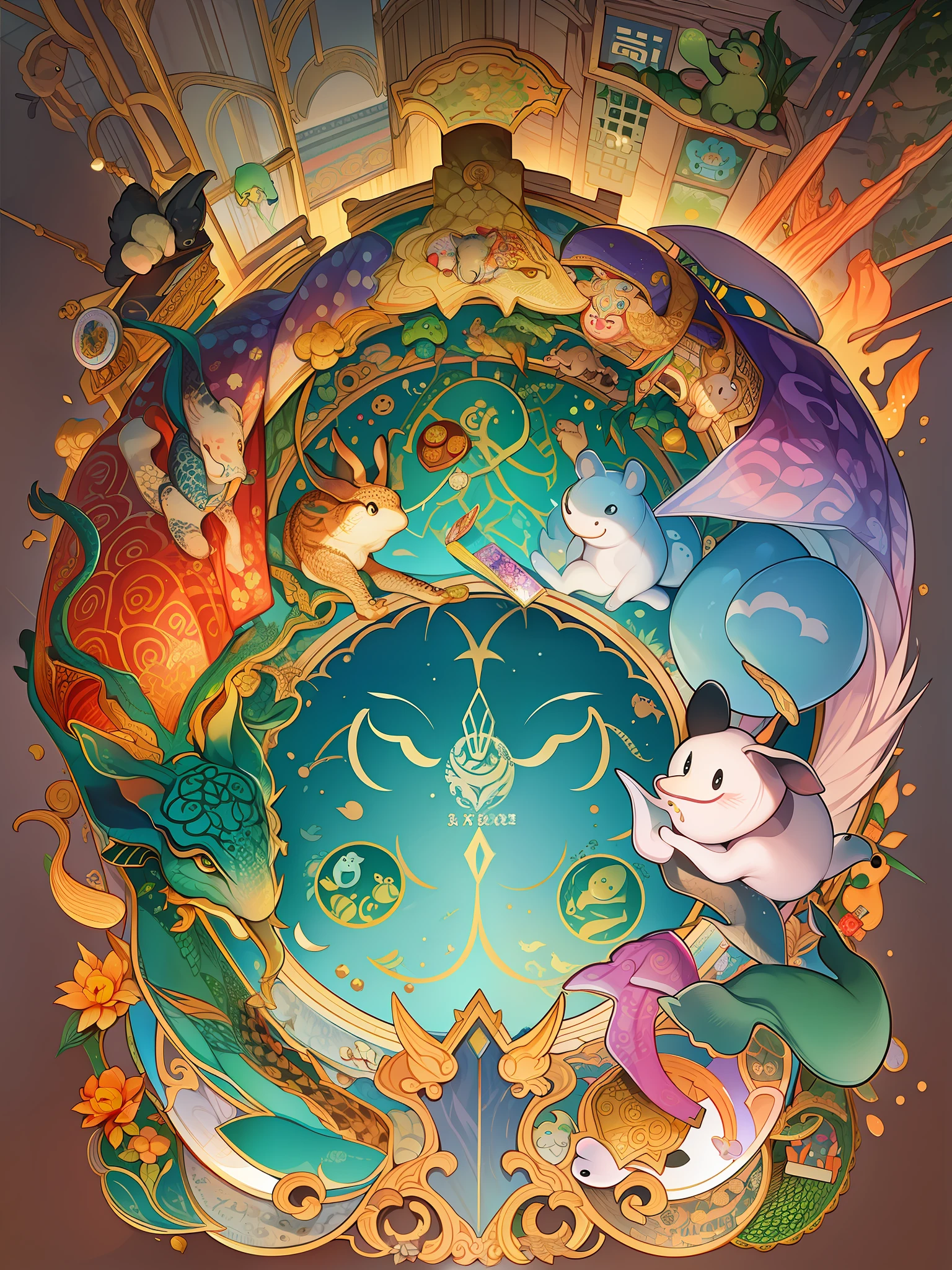 There are many different animal motifs in this photo, elephant, crocodile, rabbit and other animal patterns, cute, hand drawn illustration, colorful, Wang Chen, crocodile Loki, art cover, ƒ5.6,🦩🪐🐞👩🏻🦳; 🌞🌄 , code, 🪔 🎨 metaverse