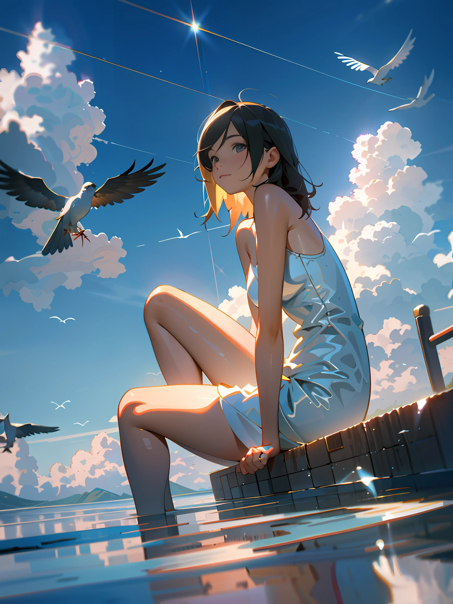 girl, nude, sitting, front view, wide angle, looking at viewer, on clouds, clouds, detailed birds, detailed exterior, octane renderer, realistic 3d, sunlight, actual rendering, screen space reflection, ssao, water reflection  , subsurface scattering, edge lighting