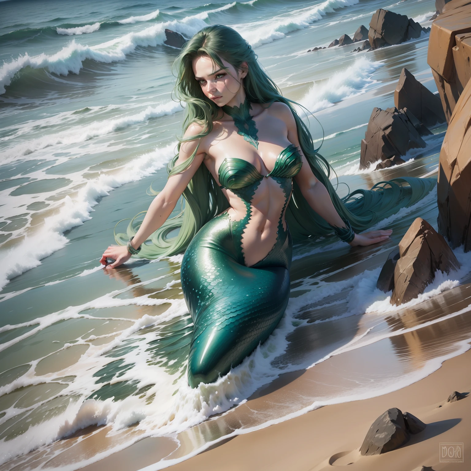 mermaid on the beach, most realistic and detailed image possible, dreamlike quality, fluid dynamics, lively, strong angle, strong pose, green eyes, subtle noises, soft lighting, sharp contour, expression confident female expression