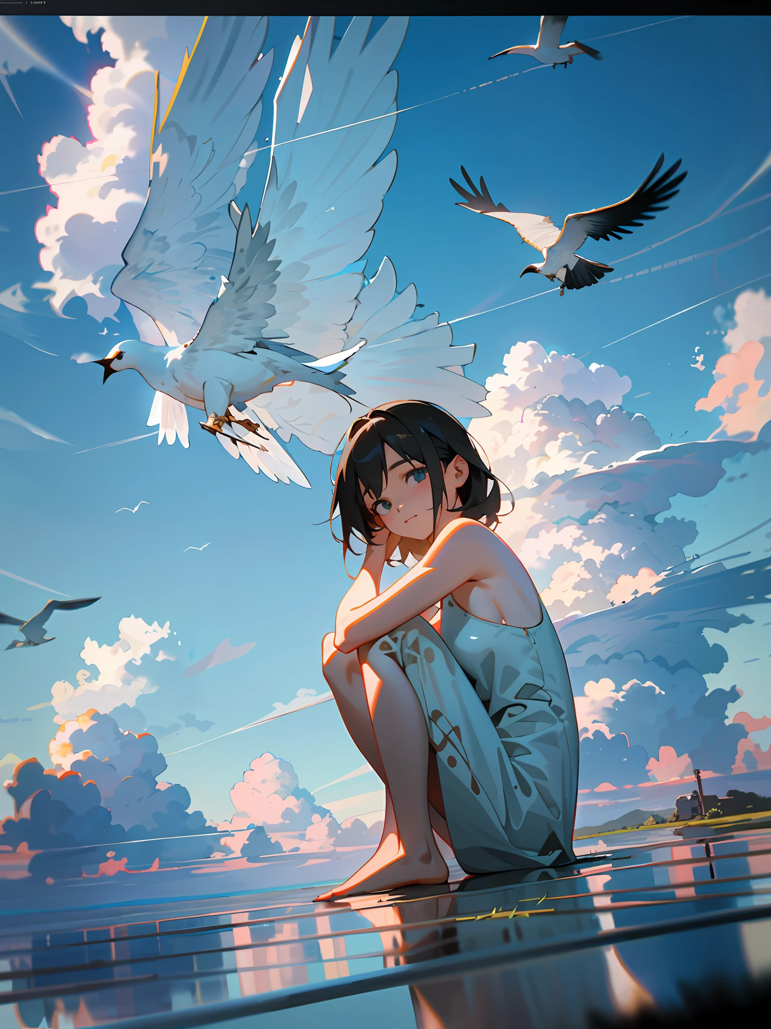 girl, nude, sitting, front view, wide angle, looking at viewer, on clouds, clouds, detailed birds, detailed exterior, octane renderer, realistic 3d, sunlight, actual rendering, screen space reflection, ssao, water reflection  , subsurface scattering, edge lighting