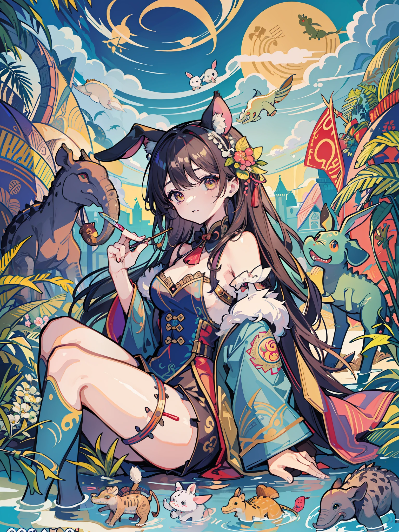 There are many different animal motifs in this photo, elephant, crocodile, rabbit and other animal patterns, cute, hand drawn illustration, colorful, Wang Chen, crocodile Loki, art cover, ƒ5.6,🦩🪐🐞👩🏻🦳; 🌞🌄 , code, 🪔 🎨 metaverse