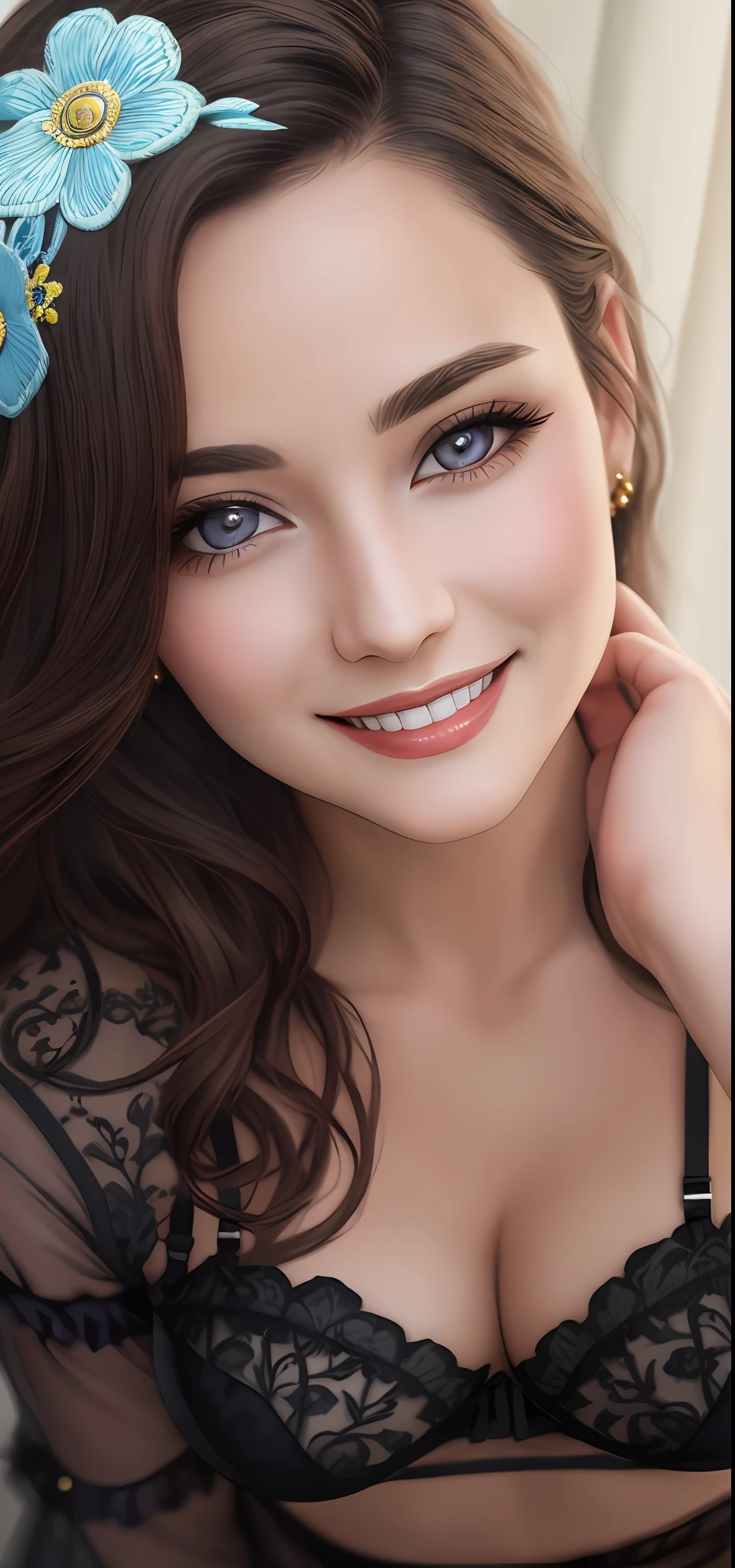 Masterpiece, absurdres, fine detail, HDR, highly detailed face and eyes, photorealistic, smiling, garterbelt, a woman in a lingerie posing for a picture ,wearing the garterbelt, colorful, floral embroidery, frilled skirt,