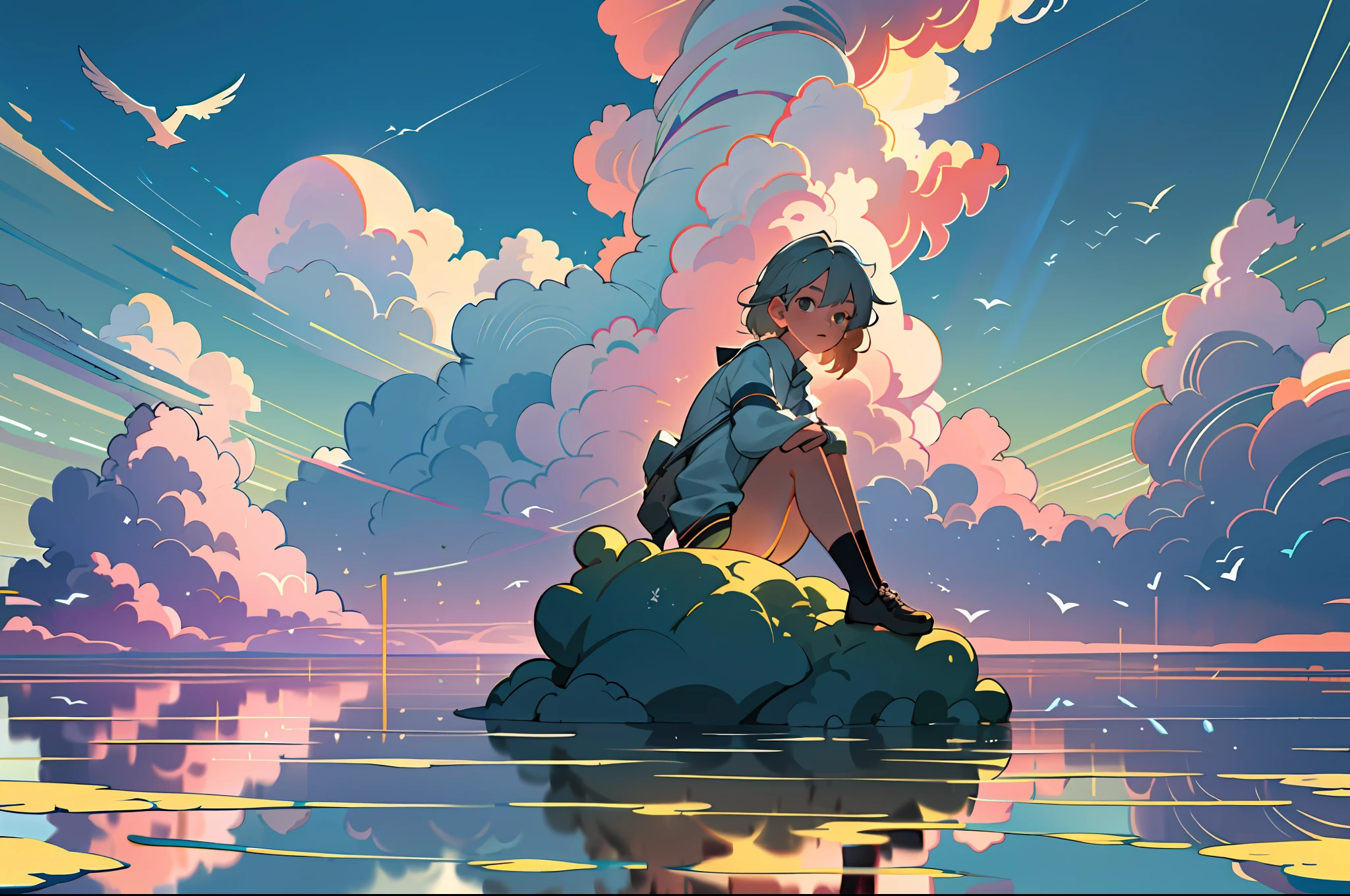 girl, nude, sitting, front view, wide angle, looking at viewer, on clouds, clouds, detailed birds, detailed exterior, octane renderer, realistic 3d, sunlight, actual rendering, screen space reflection, ssao, water reflection , subsurface scattering, edge lighting