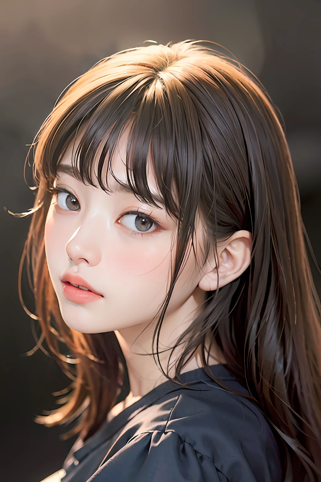 masterpiece, best quality, (dark photo:1.3), photorealistic, 1girl, flat bangs, stunning innocent symmetry face, shirt, emotional, ulzzang, (PureErosFace_V1:0.7)