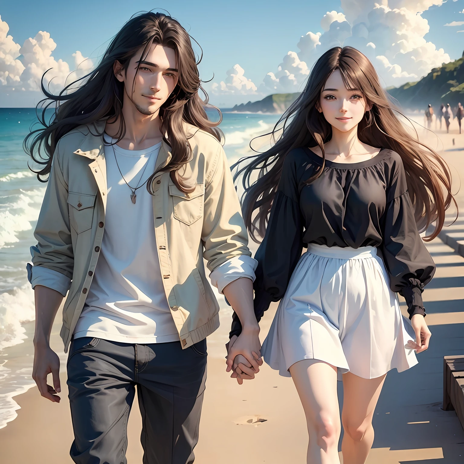 masterpiece, anime, cute, romantic, best quality, 2others, couple, mature, adult, height difference, different fashion, different color, casual clothes, long sleeves, smile, happy, love, swirling wind, blue sky, long haired man, light brown haired man, black haired woman, long haired woman, beach --auto --s2