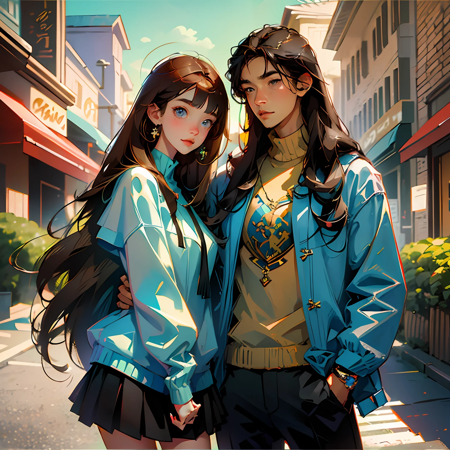 masterpiece, anime, cute, romantic, best quality, 2others, couple, mature, adult, height difference, different fashion, different color, casual clothes, long sleeves, smile, happy, love, swirling wind, blue sky, long haired man, light brown haired man, black haired woman, long haired woman, party --auto --s2