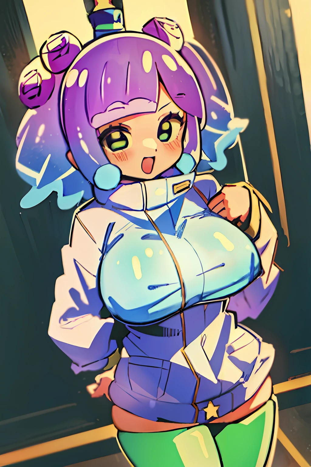 masterpiece, best_quality, 1girl, solo, puniru \(puniru wa kawaii slime\), puniru wa kawaii slime, gradient hair, bangs, green eyes, double bun, mini hat, half of the body down melting, big boobs,