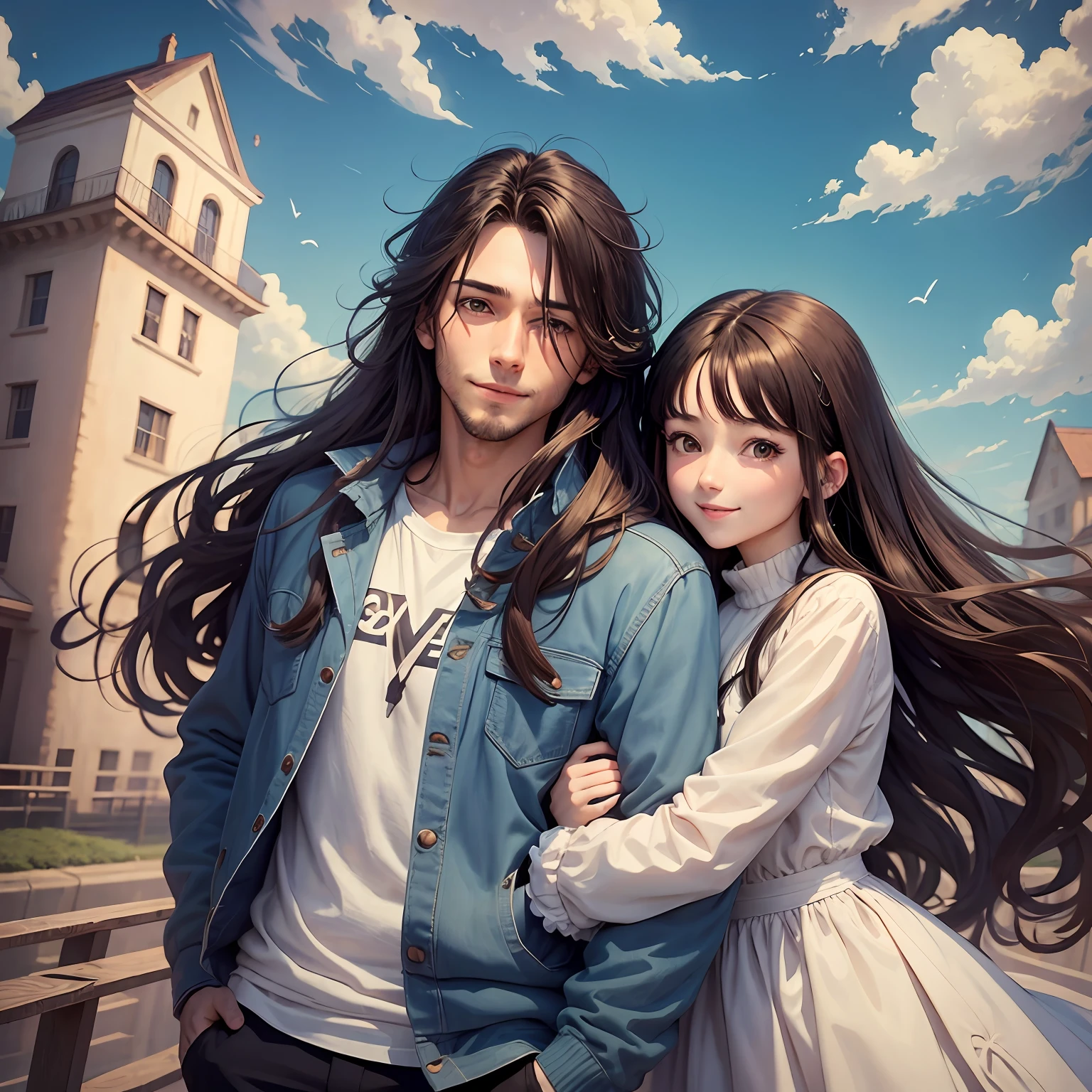 masterpiece, anime, cute, romantic, best quality, 2others, couple, mature, adult, height difference, different fashion, different color, casual clothes, long sleeves, smile, happy, love, swirling wind, blue sky, man with long hair, man with light brown hair, woman with black hair, woman with long hair, hug --auto --s2