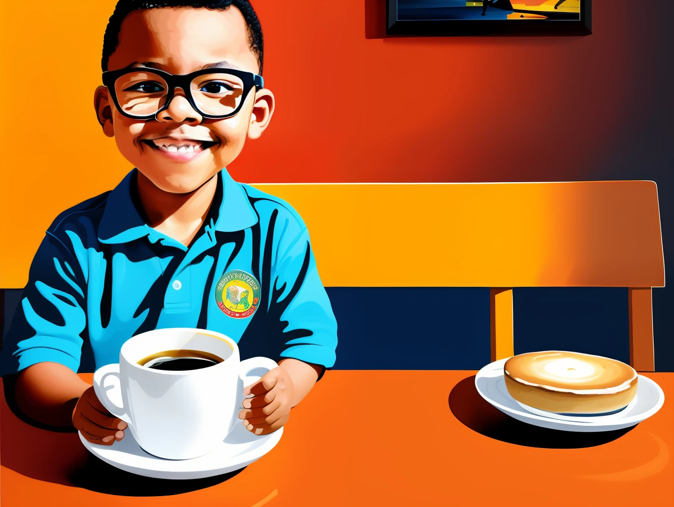 guttonerdinho 01, In this illustration, focus on capturing the realistic details and vibrant colors that are characteristic of Alex Ross's art style. Depict the boy with precision, paying attention to facial features, clothing, and the glasses he is wearing. Emphasize the texture and shine of the coffee mug, giving it a lifelike appearance.

Surround the boy with a variety of café accessories, such as coffee beans, grinders, brewing equipment, and decorative mugs. Place framed artwork and posters on the walls to add visual interest to the café setting. Incorporate plants and foliage to create a warm and inviting atmosphere.

Use lighting techniques to create depth and realism in the illustration. Illuminate the scene with soft, warm lighting that emanates from café light fixtures, casting gentle shadows and highlights. Pay attention to the reflections and highlights on the surfaces of the café accessories, adding a touch of realism and dimension.

The final result should be a detailed and captivating illustration that showcases the boy's enjoyment of his coffee in the café setting. Stay true to the style of Alex Ross, emphasizing realistic details, vibrant colors, and the overall atmosphere of the café.