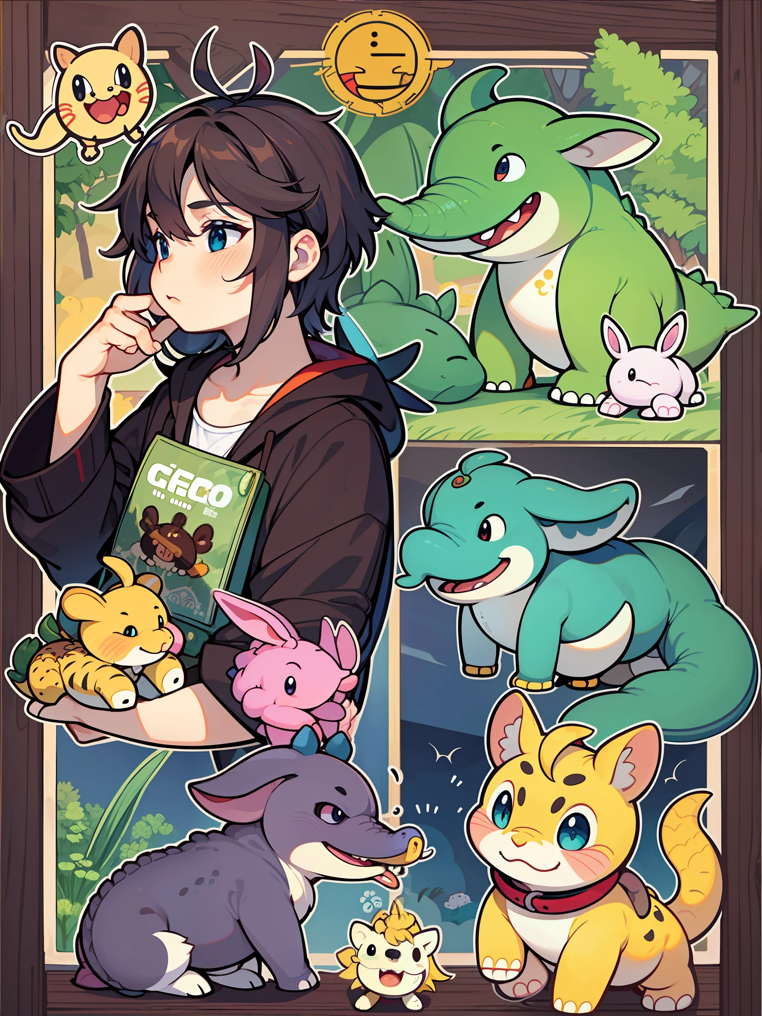 There are many different cute cartoon animals, elephants, crocodiles, rabbits and other animal patterns in this photo, cute, hand drawn illustrations, colorful, Wang Chen, crocodile Loki, art cover, ƒ5.6,🦩🪐🐞👩🏻🦳; 🌞🌄 , code, 🪔 🎨 metaverse