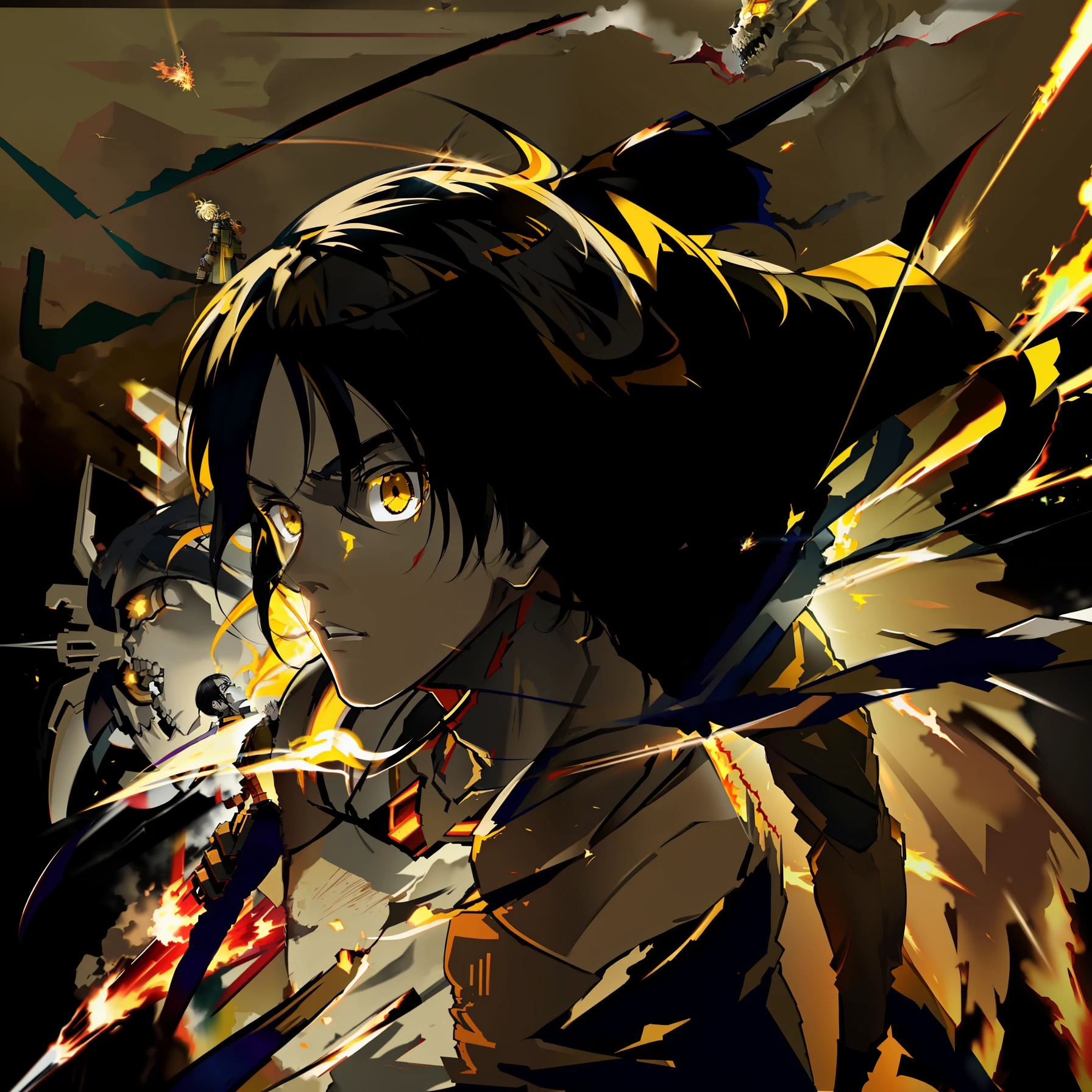 attack by attack on Titan, yellow eyes light rays, spark, long straight Black hair, skull thin, Lack of skin or flesh in some area, Full body, full figure, great strong anatomy, cinematic style, hyper real octane render