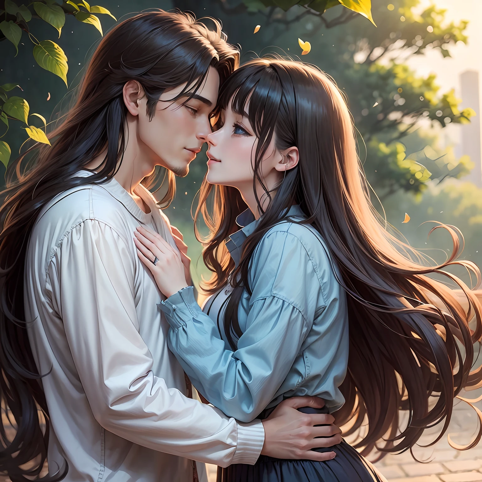 masterpiece, anime, cute, romantic, best quality, 2others, couple, mature, adult, height difference, different fashion, different color, casual clothes, long sleeves, smile, happy, love, swirling wind, blue sky, long haired man, light brown haired man, black haired woman, long haired woman, kissing --auto --s2