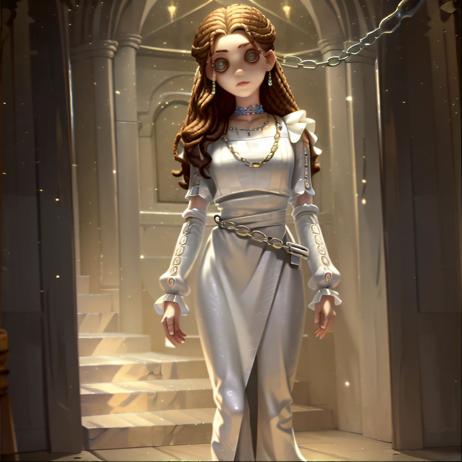 Masterpiece, high quality, young boy, white full body tight dress, holding chain, chained around waist, brown hair, facing forward, looking at camera, full body, screen center