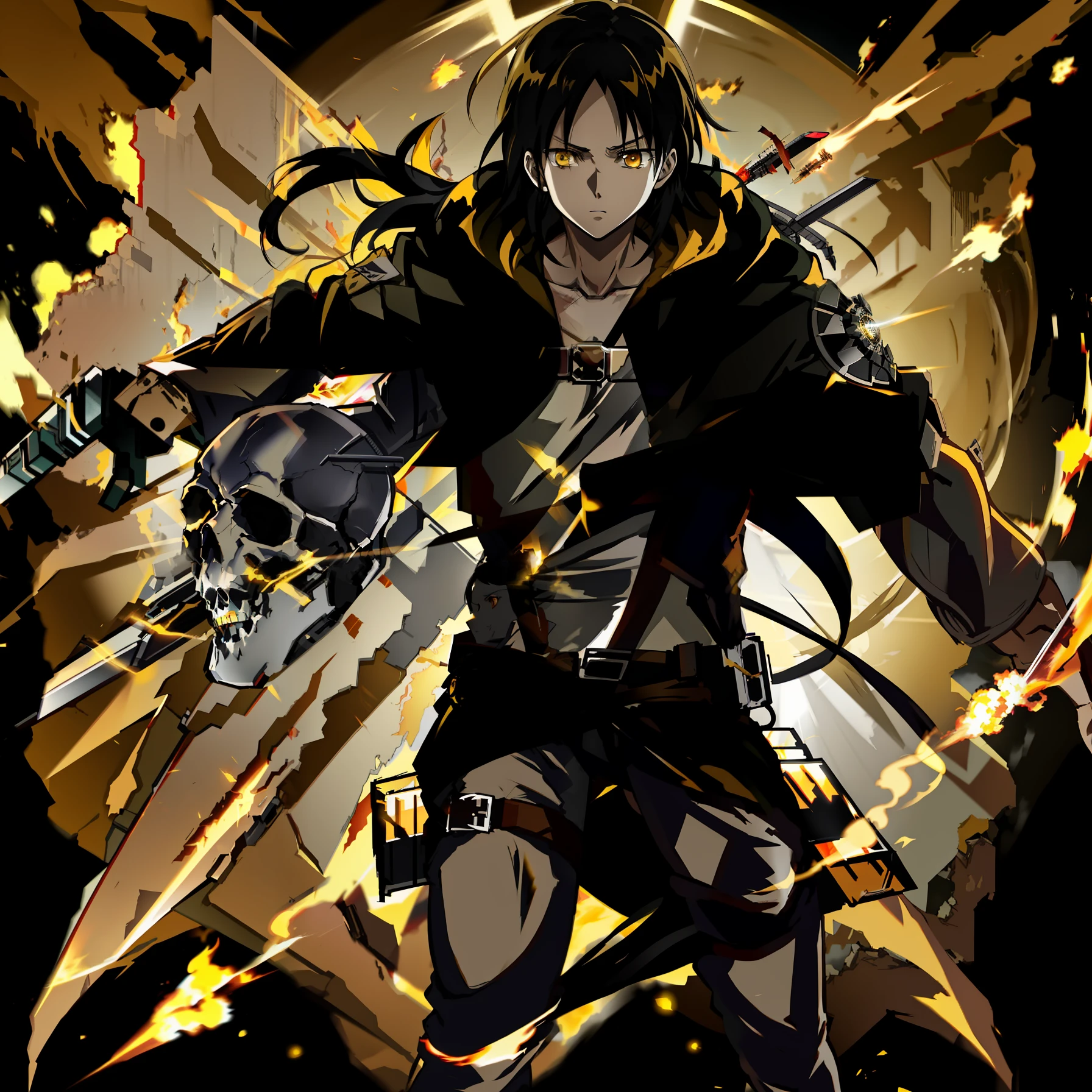 attack by attack on Titan, yellow eyes light rays, spark, long straight Black hair, skull thin, Lack of skin or flesh in some area, Full body, full figure, great strong anatomy, cinematic style, hyper real octane render