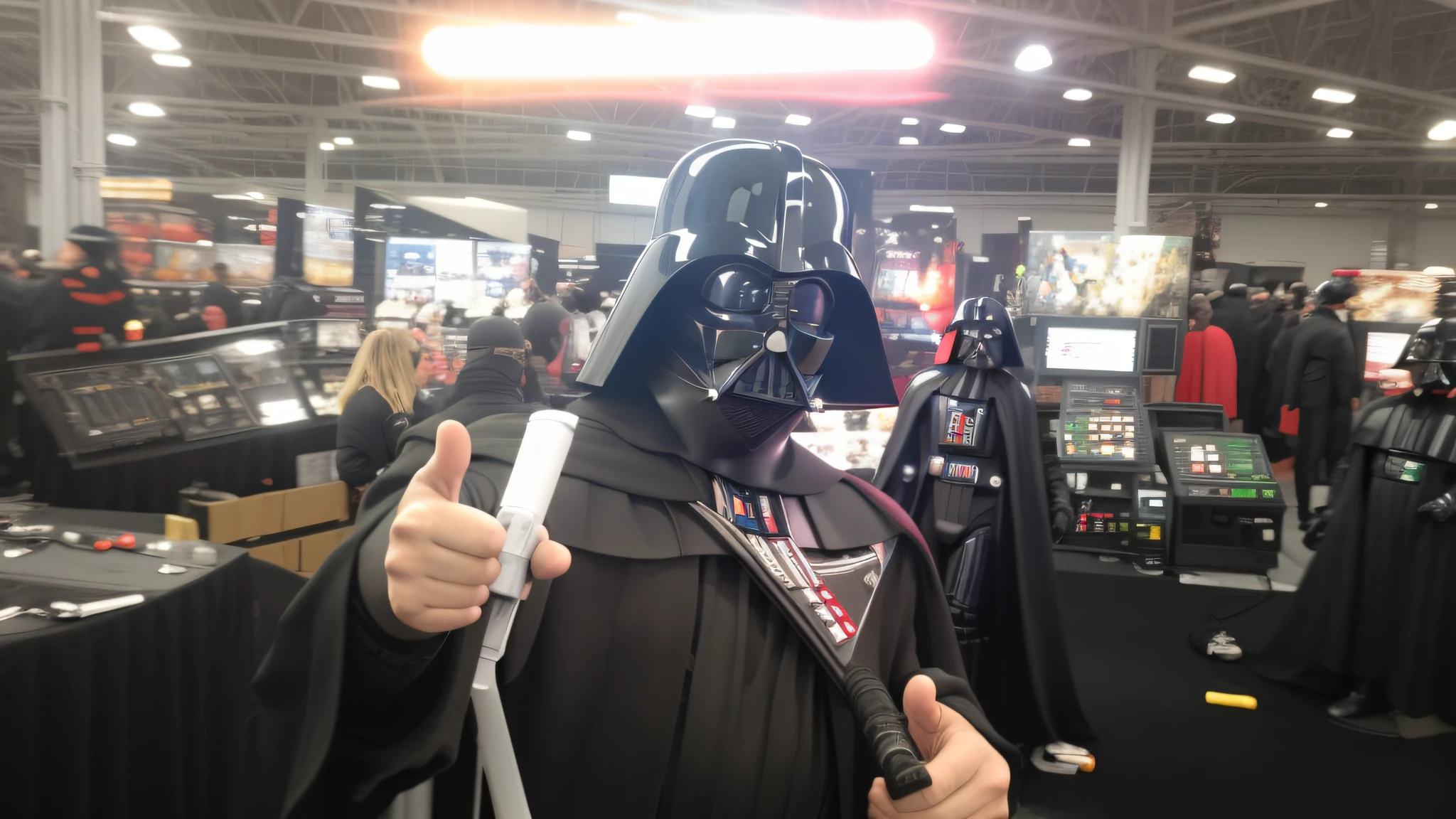 There's a man in a Darth Vader costume giving a thumbs up, focus on Darth Vader, wearing black Sith uniform, dark Vador, wearing Sith hood, Vader, Stardestroyer in the background, an imperial Star Wars agent, fighting Darth Vader, Darth Vader, star wars background with ships, red lightsaber