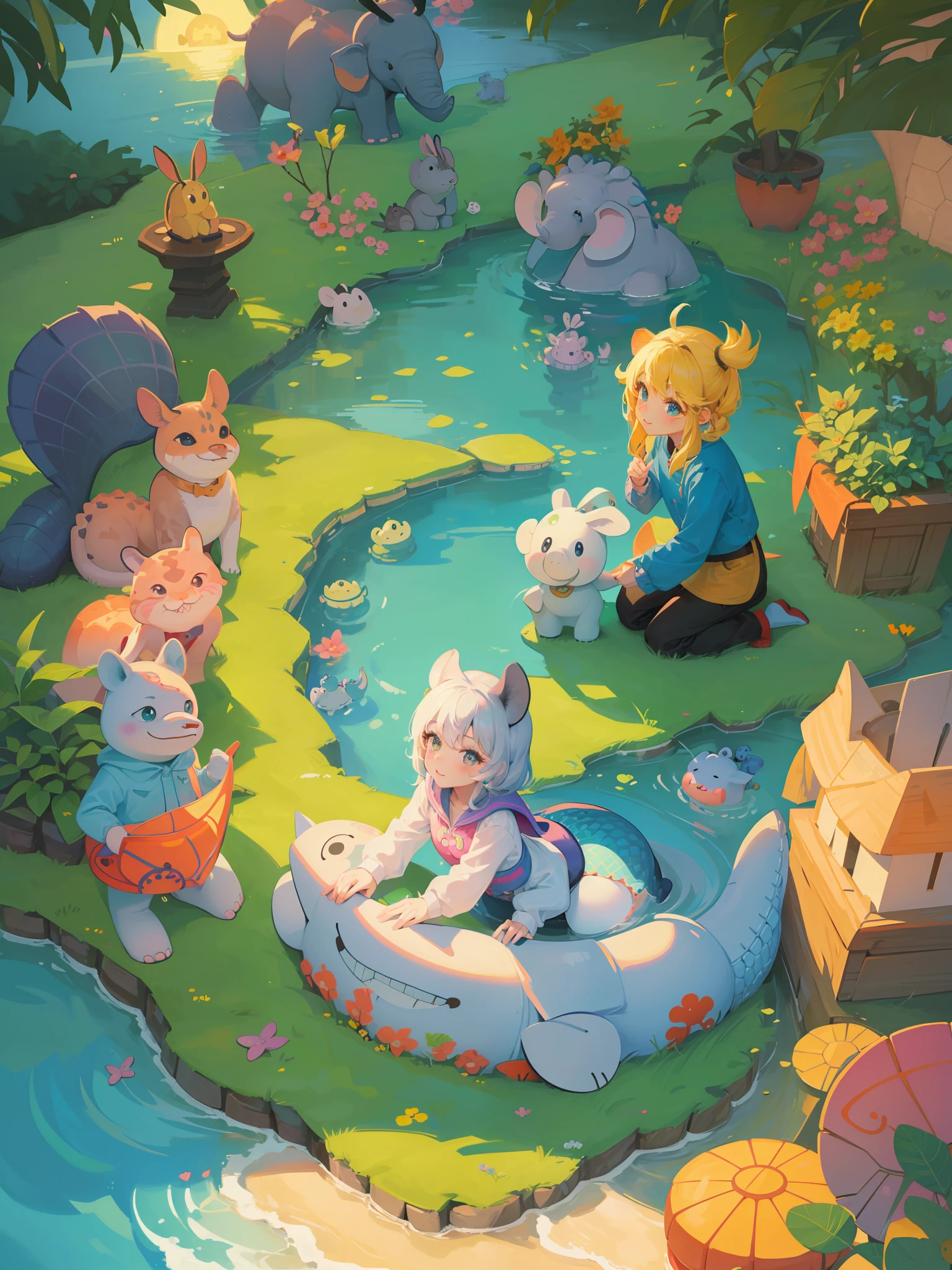 There are many different cute cartoon animals, elephants, crocodiles, rabbits and other animal patterns in this photo, cute, hand drawn illustrations, colorful, Wang Chen, crocodile Loki, art cover, ƒ5.6,🦩🪐🐞👩🏻🦳; 🌞🌄 , code, 🪔 🎨 metaverse