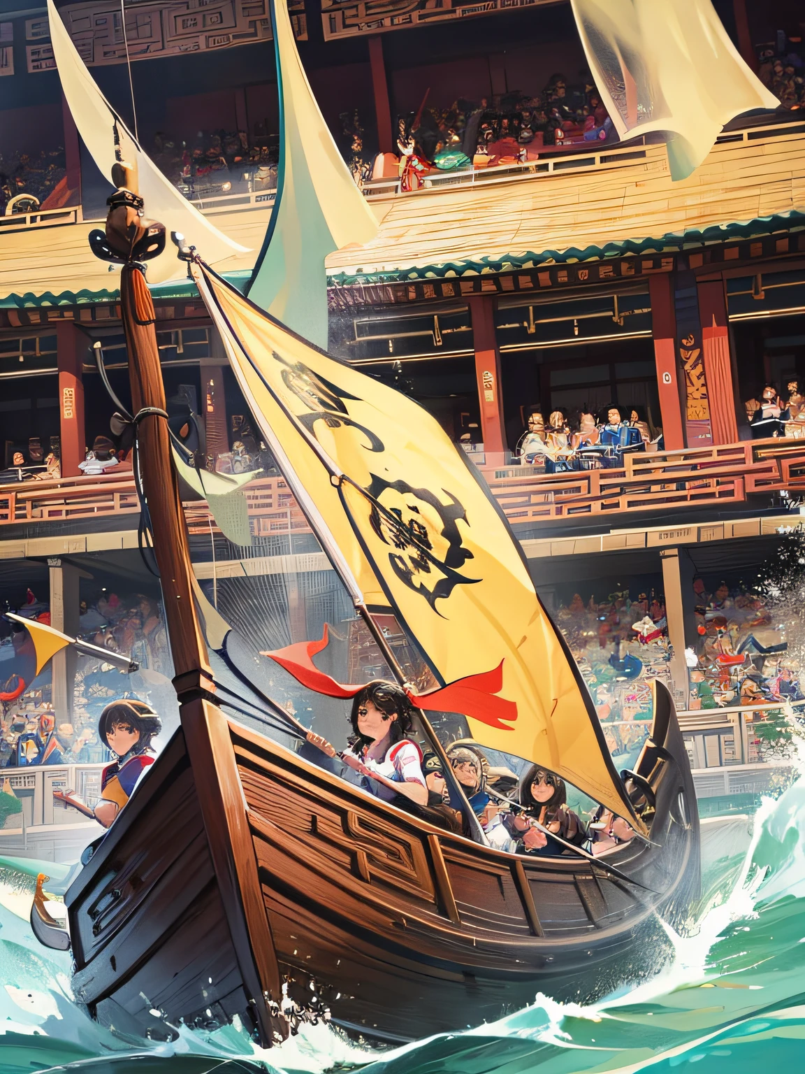 r rowing dragon boat, facing the audience, upper body close-up, competition scene, Chinese style illustration --auto --s2