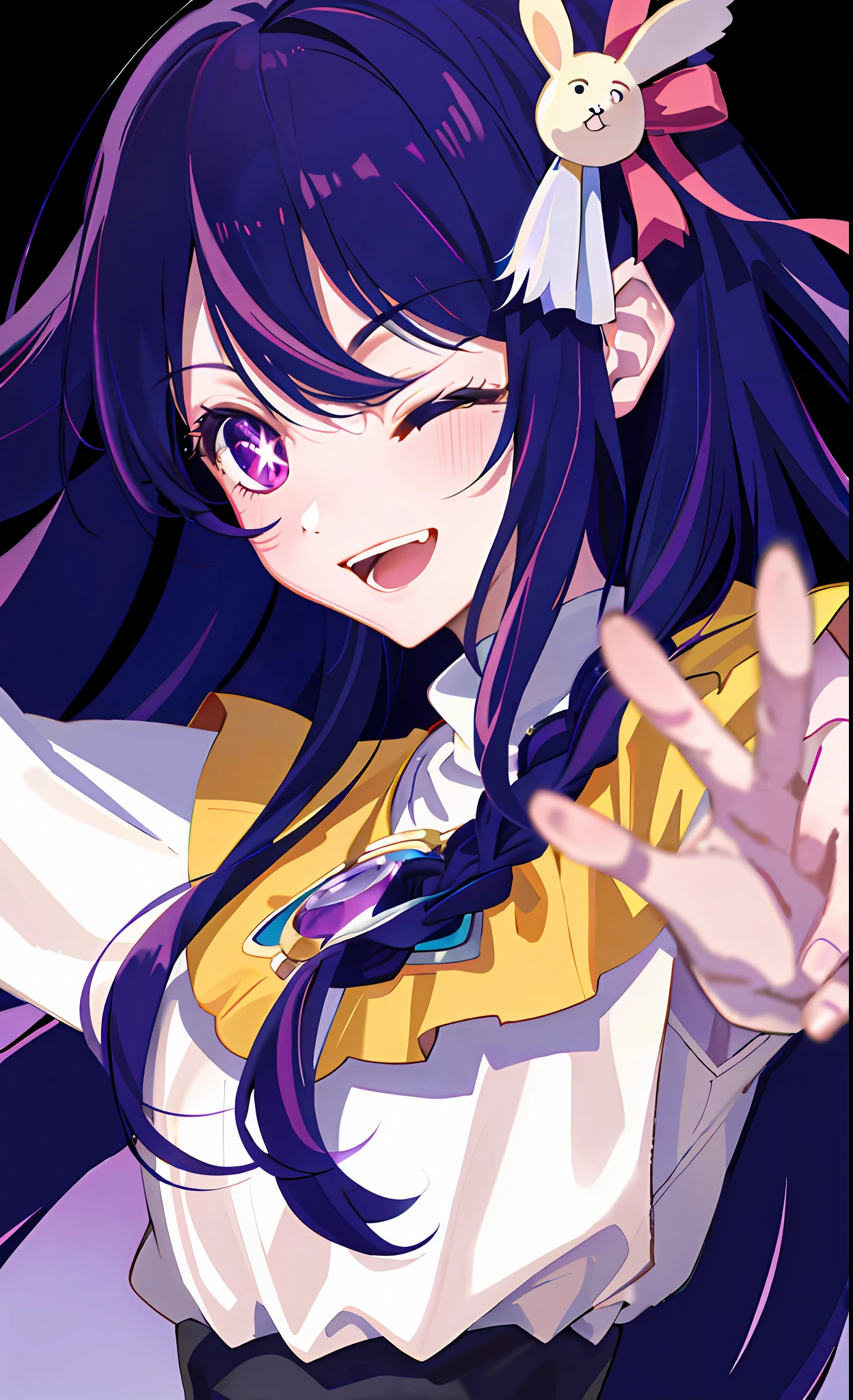 (best quality:1.4, masterpiece, 4k, details), Hoshino Ai, long hair, purple hair, streaked hair ,purple eyes, star-shaped pupils, hair ornament, on stage, smile, right hand pointing at camera, one eye closed, holding a mic with the left hand,close up shot, extremely detailed eyes, glowing eyes, highest quality digital art, Stunning art, wallpaper 4k