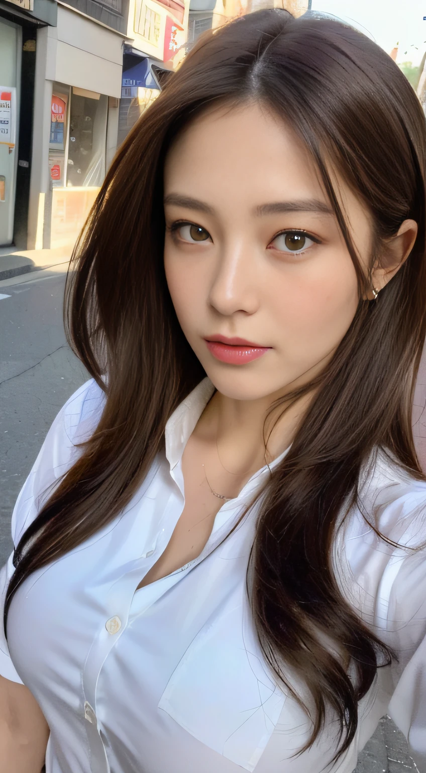 ((Best quality, 8k, Masterpiece :1.3)), Sharp focus :1.2, A pretty woman with perfect figure :1.4, Slender abs :1.2, ((Dark brown hair, Big breasts :1.2)), (White button up long shirt :1.1), City street:1.2, Highly detailed face and skin texture, Detailed eyes, Double eyelid