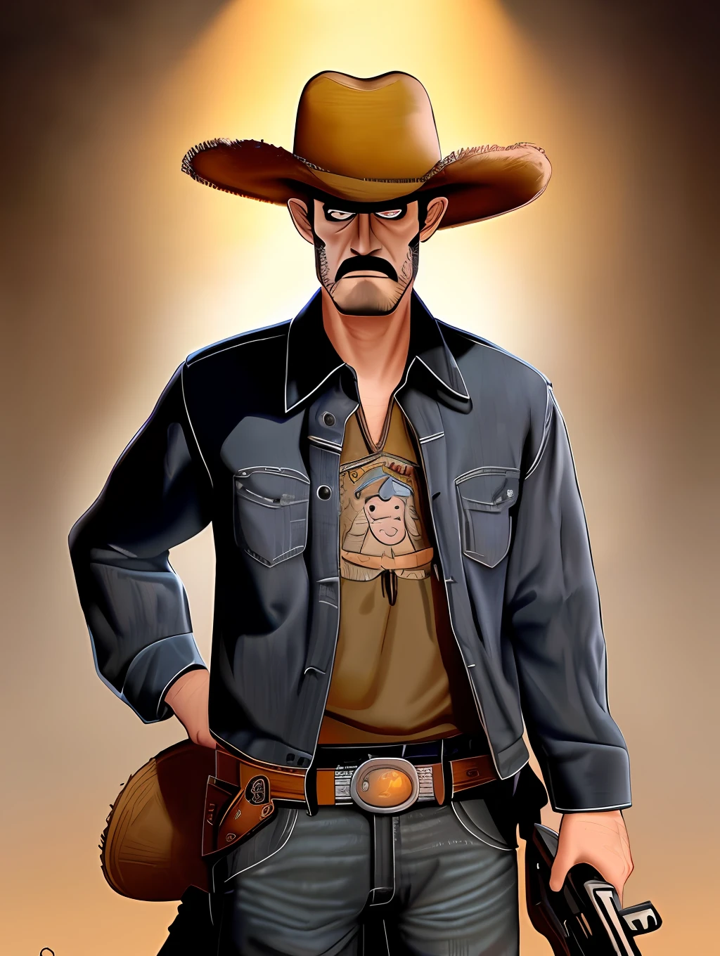 A man in a cowboy hat holding a gun, pixar artstyle, sad eyebrows, cinematic rim light, very long neck, old bounty hanter, very high quality face, desert game, American desert background, exploitable image, face neck shoulders, tall farmer, stylized dynamic folds, angry men, pixar artstyle