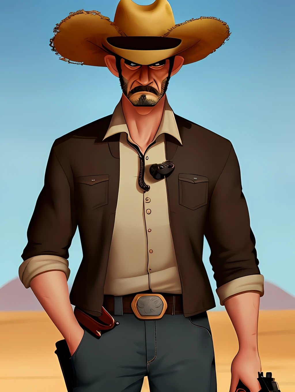 A man in a cowboy hat holding a gun, pixar artstyle, sad eyebrows, cinematic rim light, very long neck, old bounty hanter, very high quality face, desert game, American desert background, exploitable image, face neck shoulders, tall farmer, stylized dynamic folds, angry men, pixar artstyle