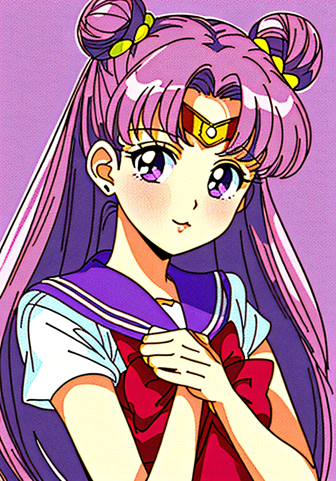 masterpiece, best quality, 1990s \(style\), 1980s \(style\), 1 girl, sailor moon, pink hair, bun, double bun, double tail, long hair, purple eyes, pink sailor collar, red bow, upper body, tan, film grain,