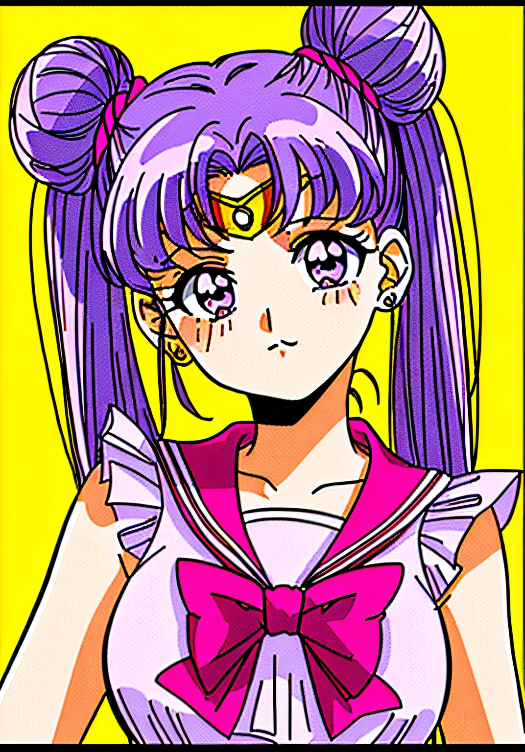 masterpiece, best quality, 1990s \(style\), 1980s \(style\), 1 girl, sailor moon, pink hair, bun, double bun, double tail, long hair, purple eyes, pink sailor collar, red bow, upper body, tan, film grain,