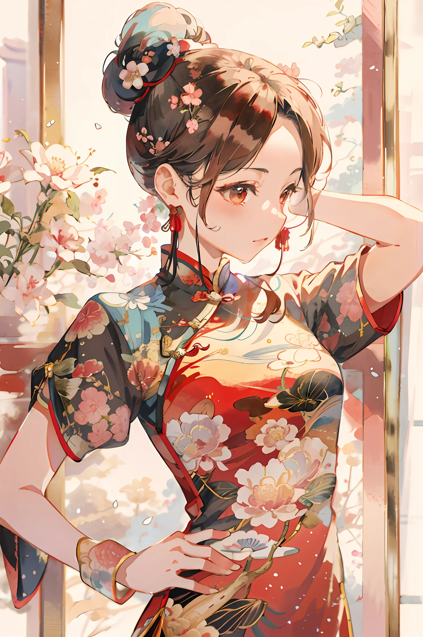 "Beautiful anime style, a Chinese girl wearing a red cheongsam in the style of Guwiz, behind her is a delicate Chinese watercolor painting style, the picture of the palace is reflected outside the window, the whole picture is very detailed, more like a heirloom Chinese style Guwiz artwork, 4K resolution."