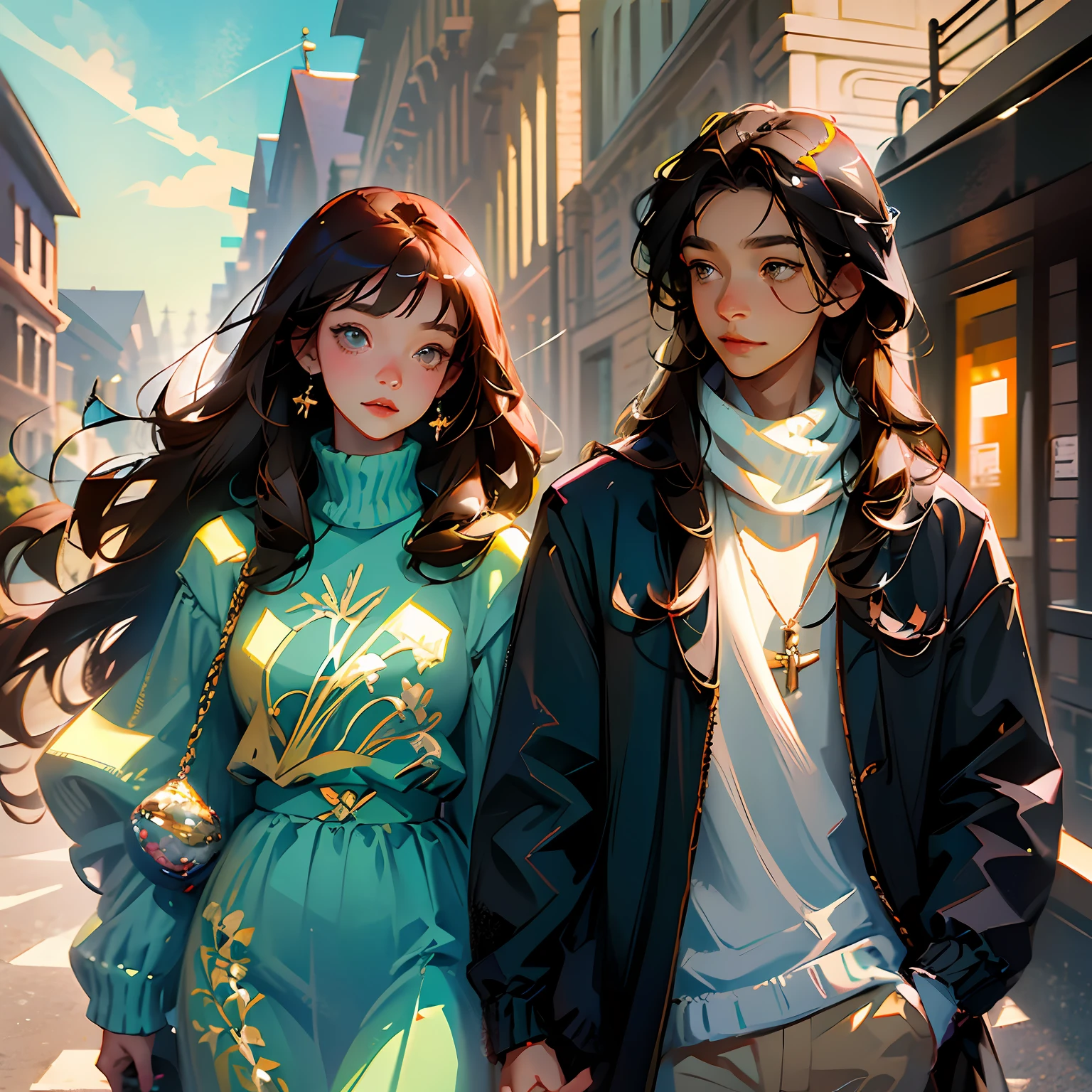 masterpiece, anime, cute, romantic, best quality, 2others, couple, mature, adult, height difference, different fashion, different color, casual clothes, long sleeves, smile, happy, love, swirling wind, blue sky, long haired man, light brown haired man, black haired woman, long haired woman, running --auto --s2