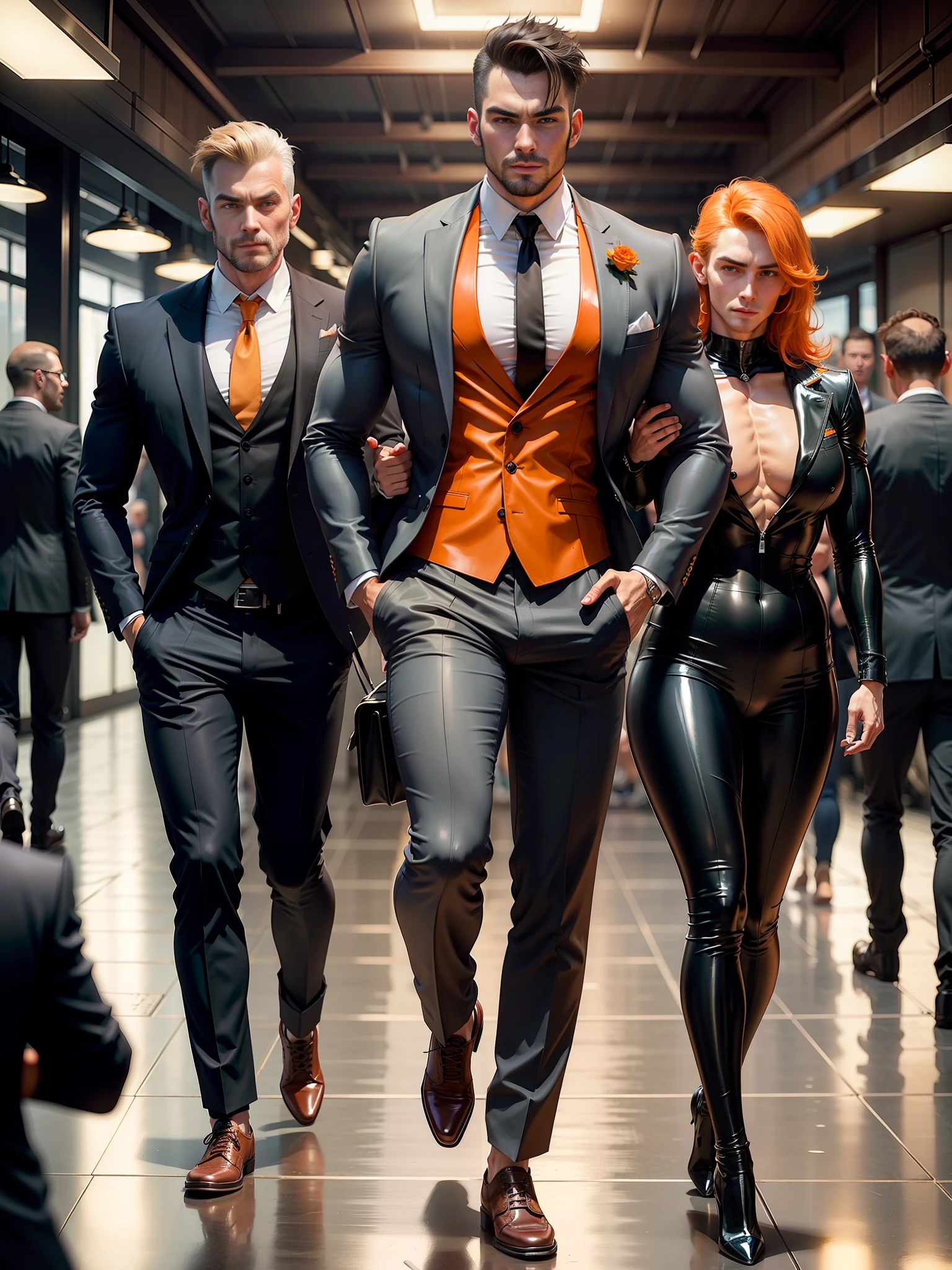 The most attractive muscular man in a dark gray latex three piece suit, orange triming, open shirt, sexy, hairy body, huge crotch bulge, in public, dieselpunk, full body,