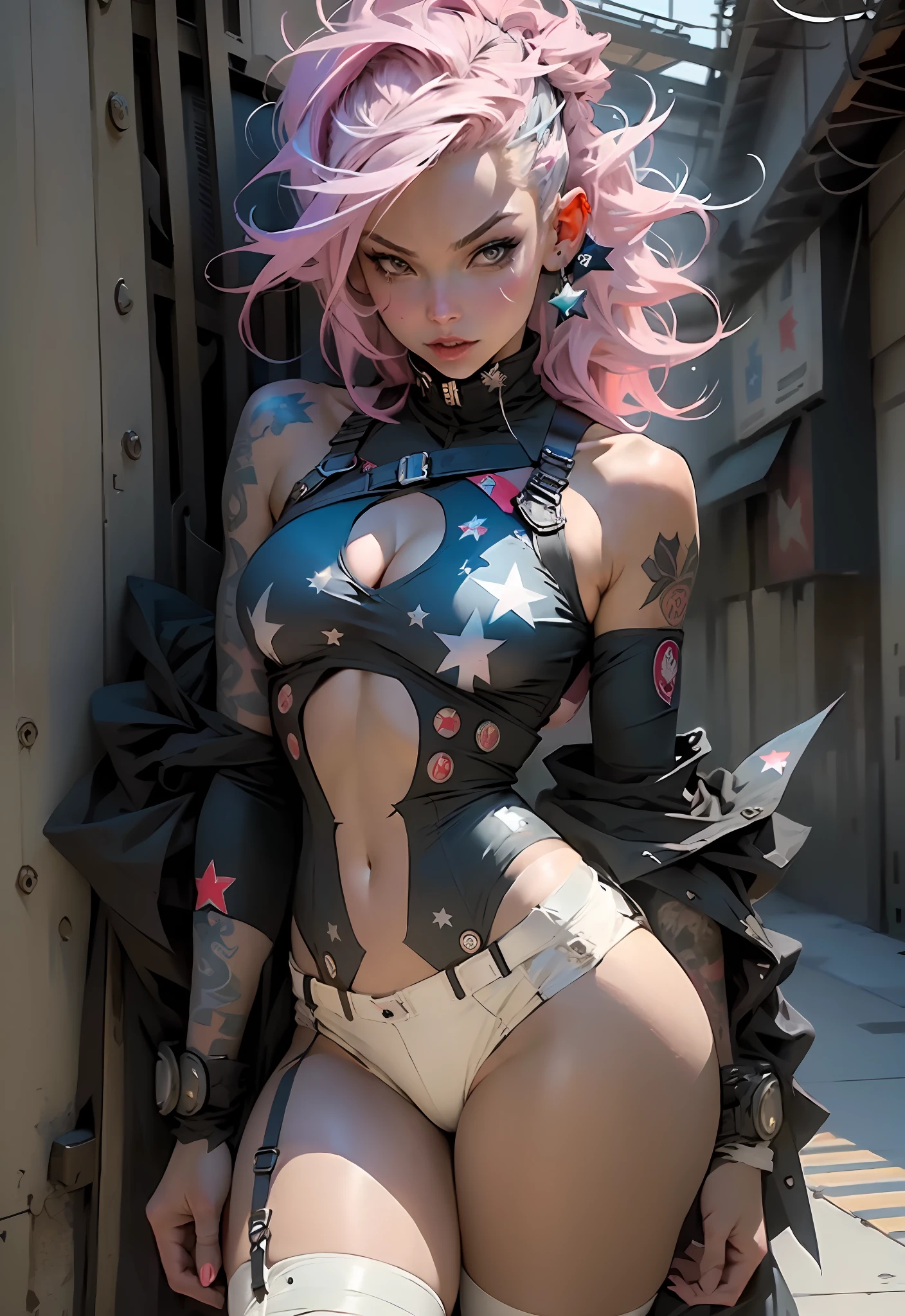 Woman body set thick thighs parts of the covered by technological clothing, (((large breasts)) perfect, generous neckline, pastel, white mohawk hair with locks, red, short underwear, garter belt, by mucha, niji, close to real, best quality, almost naked, psychopath, crazy face, action pose, harlequin, cat eyes, starry night, clothing imitating P40 airplane, shark mouth of the P40 plane of the second war,  dragon tattoos on the arms, dark blue bra with white stars, stars covering the breasts