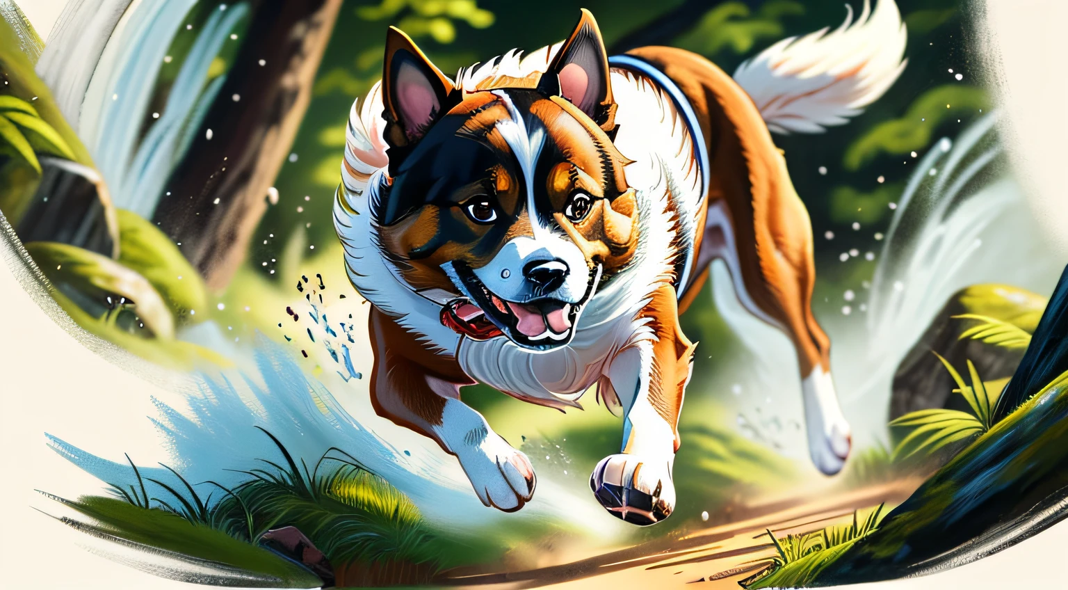 Painting of dog running in forest, close up of dog, detailed dog, high detail, Chinese brush illustration, Chinese painting style, traditional Chinese painting,