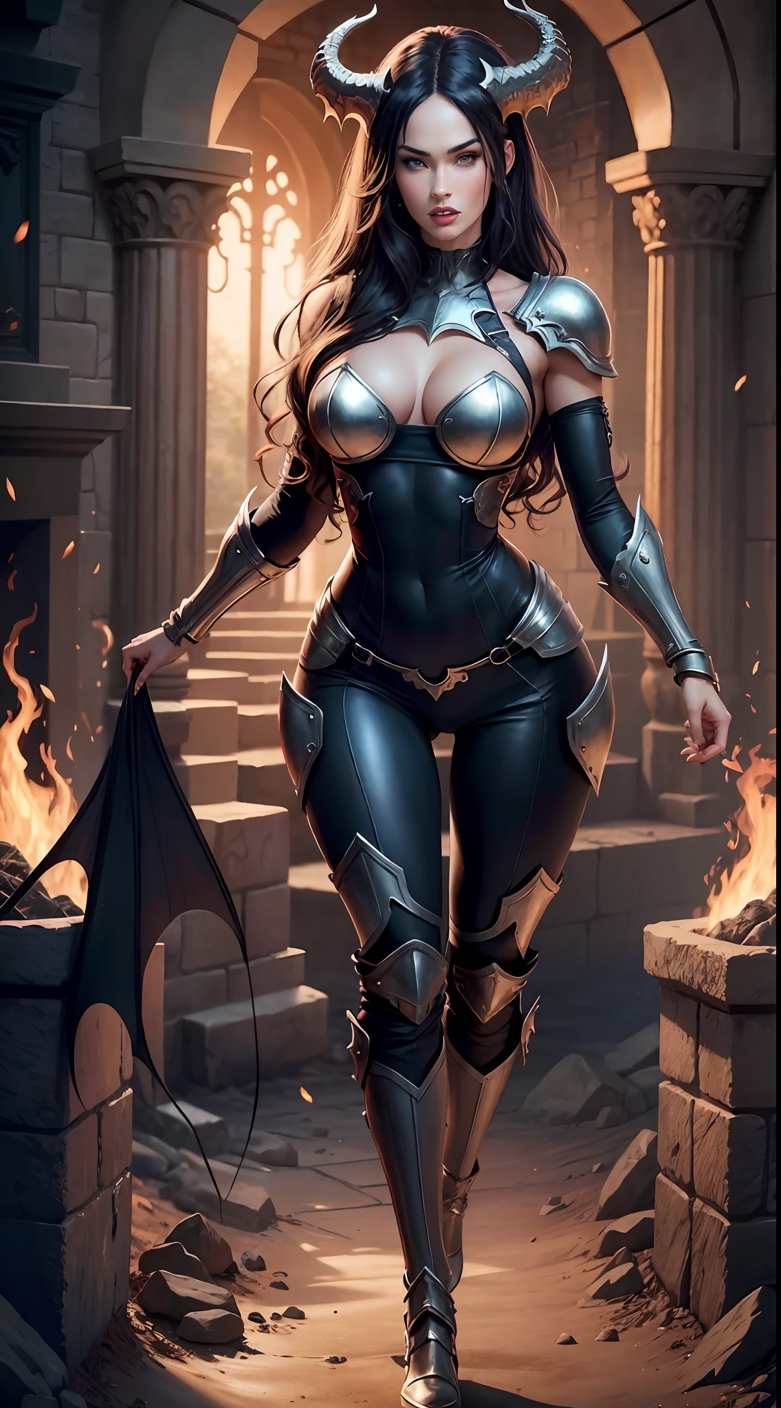 Highly detailed 4k realistic photo (lilith: 1.2), ((whole body, including legs)), ((megan fox as Lilith: 1.2)) and perky breasts, in sexy armor with deep neckline, evening, beautifully drawn hands, (in hell: 1.2), demon, horns, sexy armor, chains, fire, dynamic view, (diablo 4), cameltoe, tight clothes,