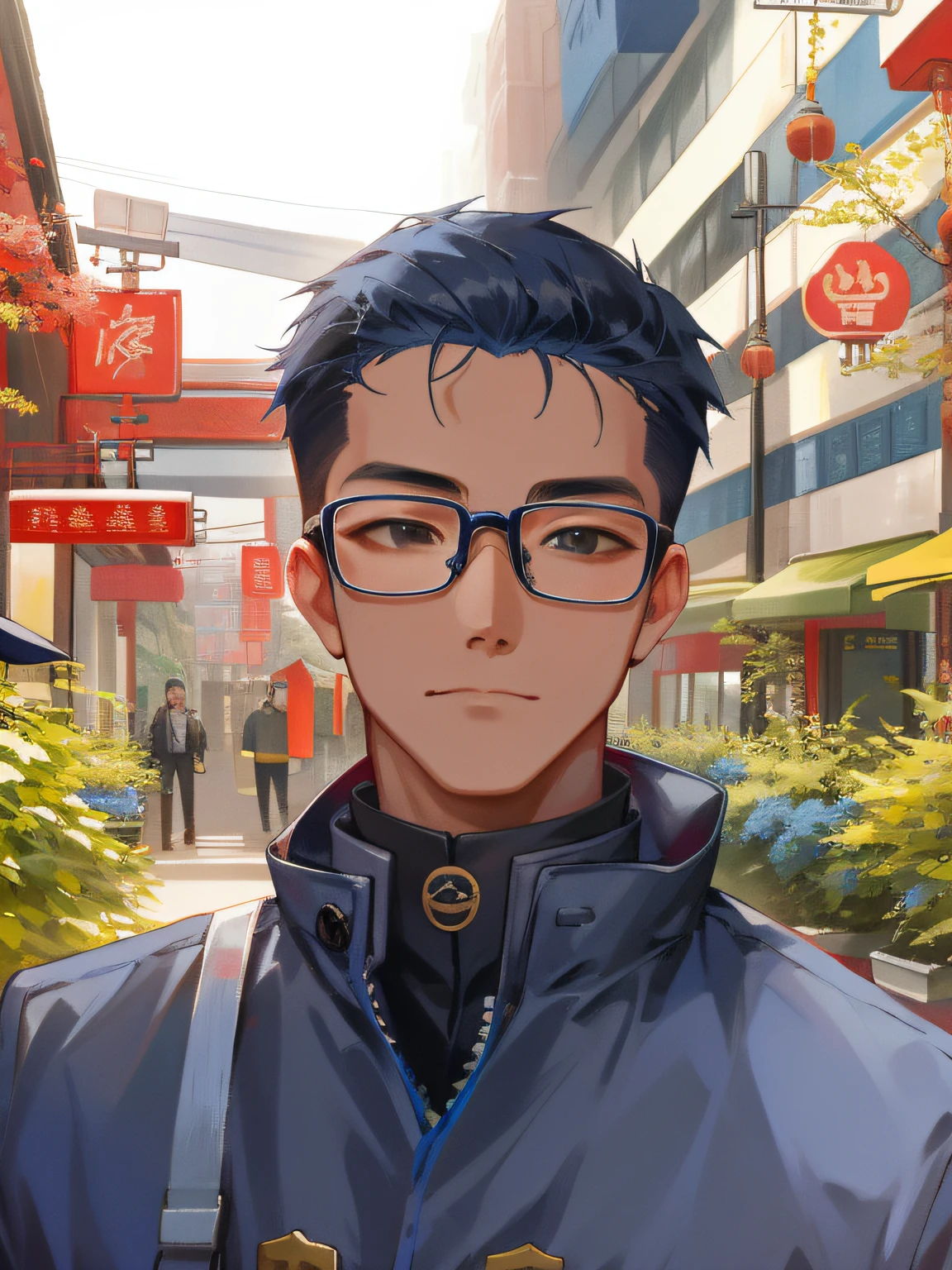 Navy blue storm jacket, young Chinese man, wearing glasses
